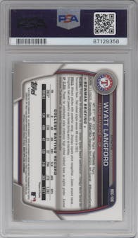 Wyatt Langford from the 2023 Bowman Draft set featuring a Refractor parallel graded by PSA and given an overall grade of 10.