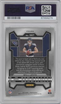 Will Levis from the 2023 Panini Prizm set featuring a Neon Green Pulsar parallel graded by PSA and given an overall grade of 10.