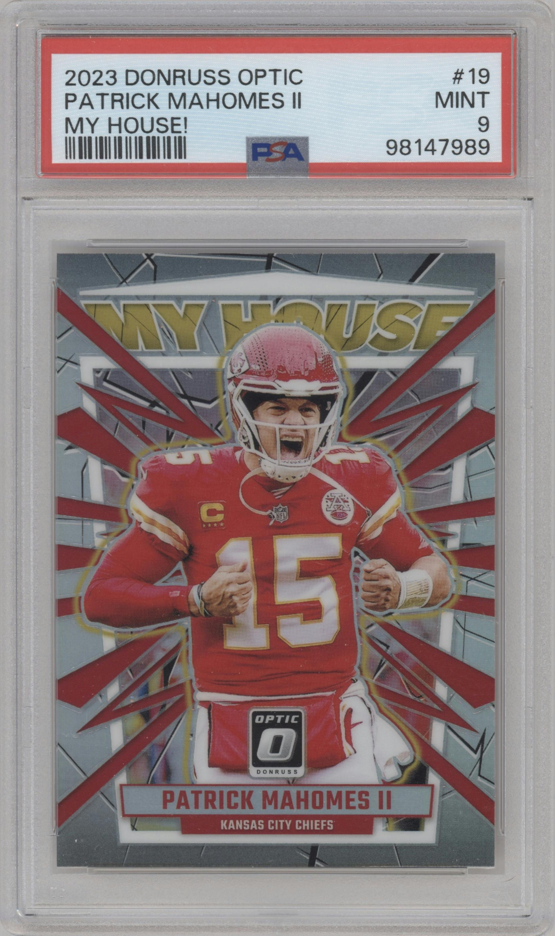 Patrick Mahomes II from the 2023 Donruss Optic set graded by PSA and given an overall grade of 9.