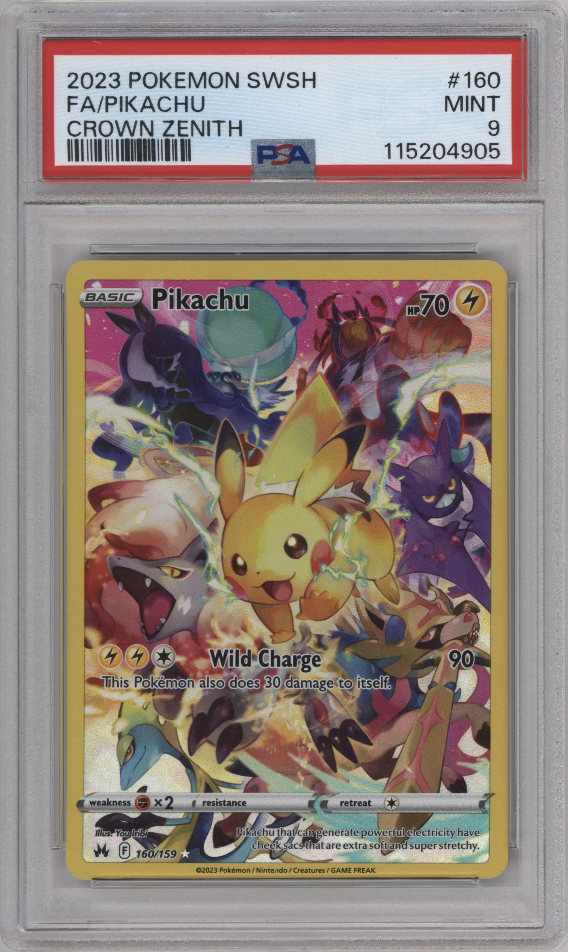 Pikachu  from the 2023 Pokemon SWSH set graded by PSA and given an overall grade of 9.