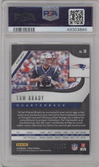 Tom Brady from the 2019 Panini Prizm set featuring a Red Shimmer parallel graded by PSA and given an overall grade of 9.