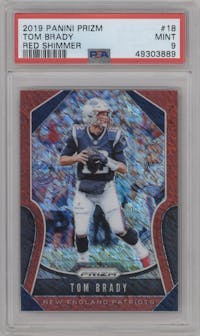 Tom Brady from the 2019 Panini Prizm set featuring a Red Shimmer parallel graded by PSA and given an overall grade of 9.