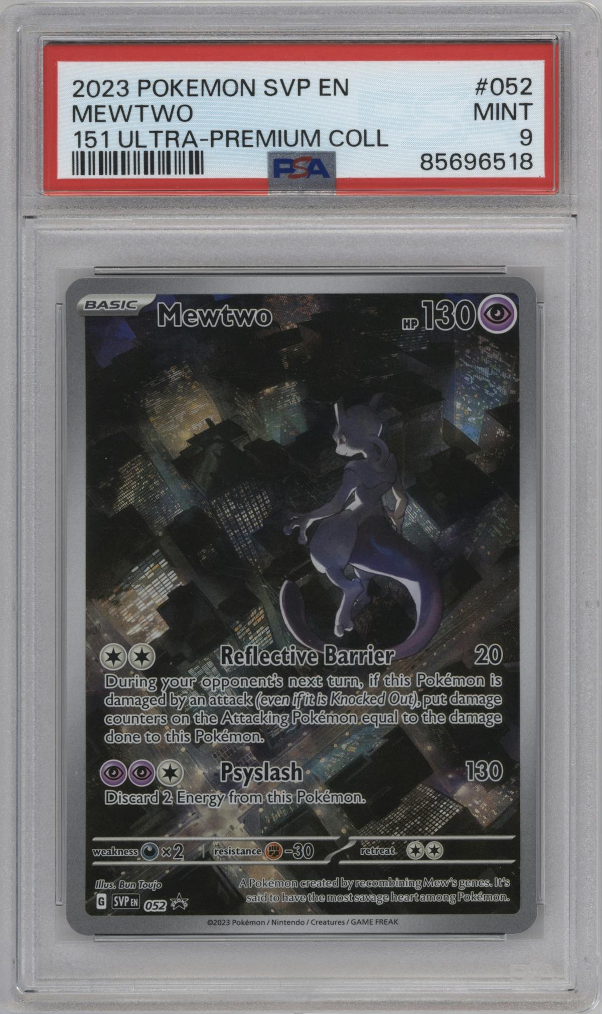 Mewtwo from the 2023 Pokemon SV set featuring a Ultra Premium Collection parallel graded by PSA and given an overall grade of 9.