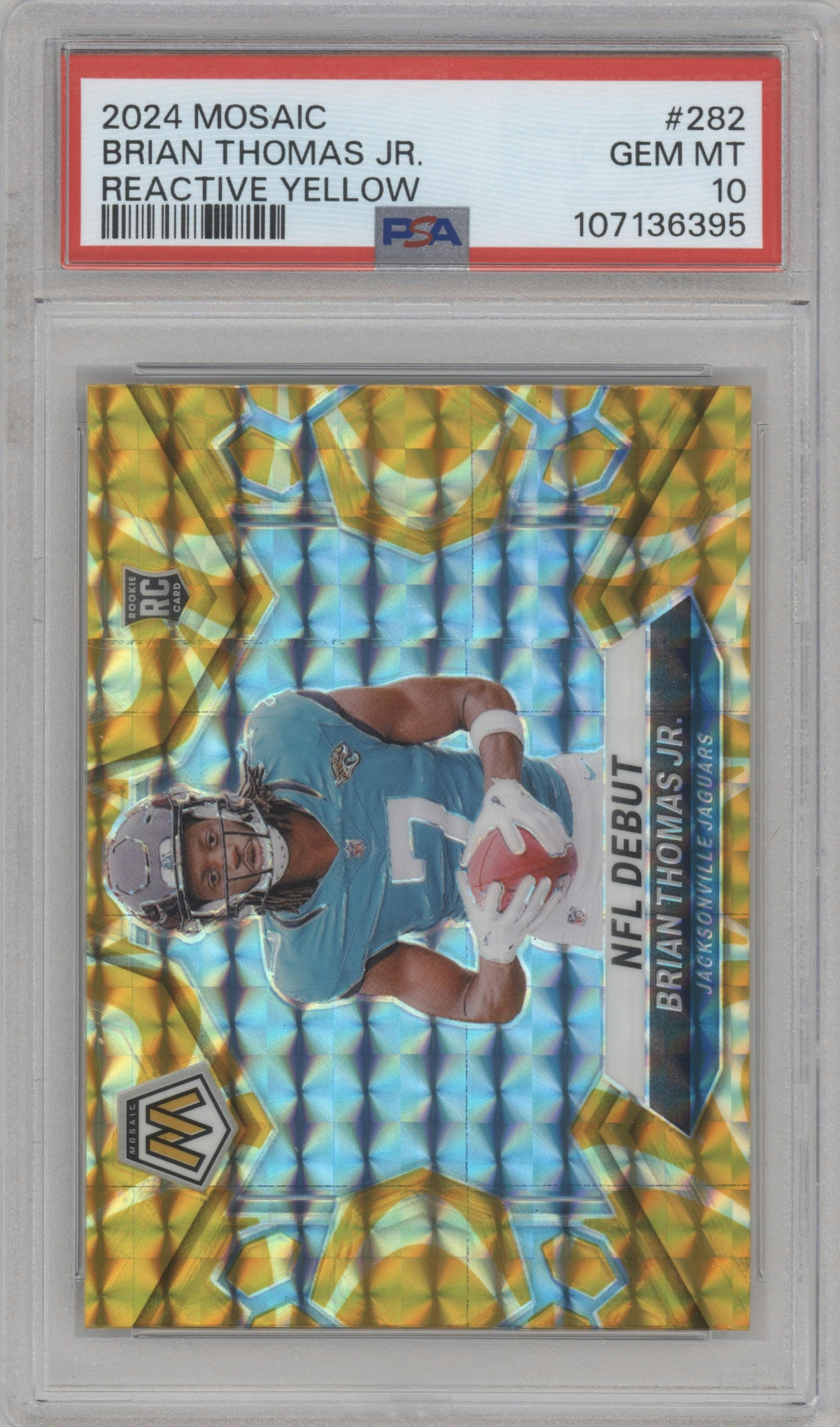 Brian Thomas Jr. from the 2024 Panini Mosaic set featuring a Reactive Yellow parallel graded by PSA and given an overall grade of 10.