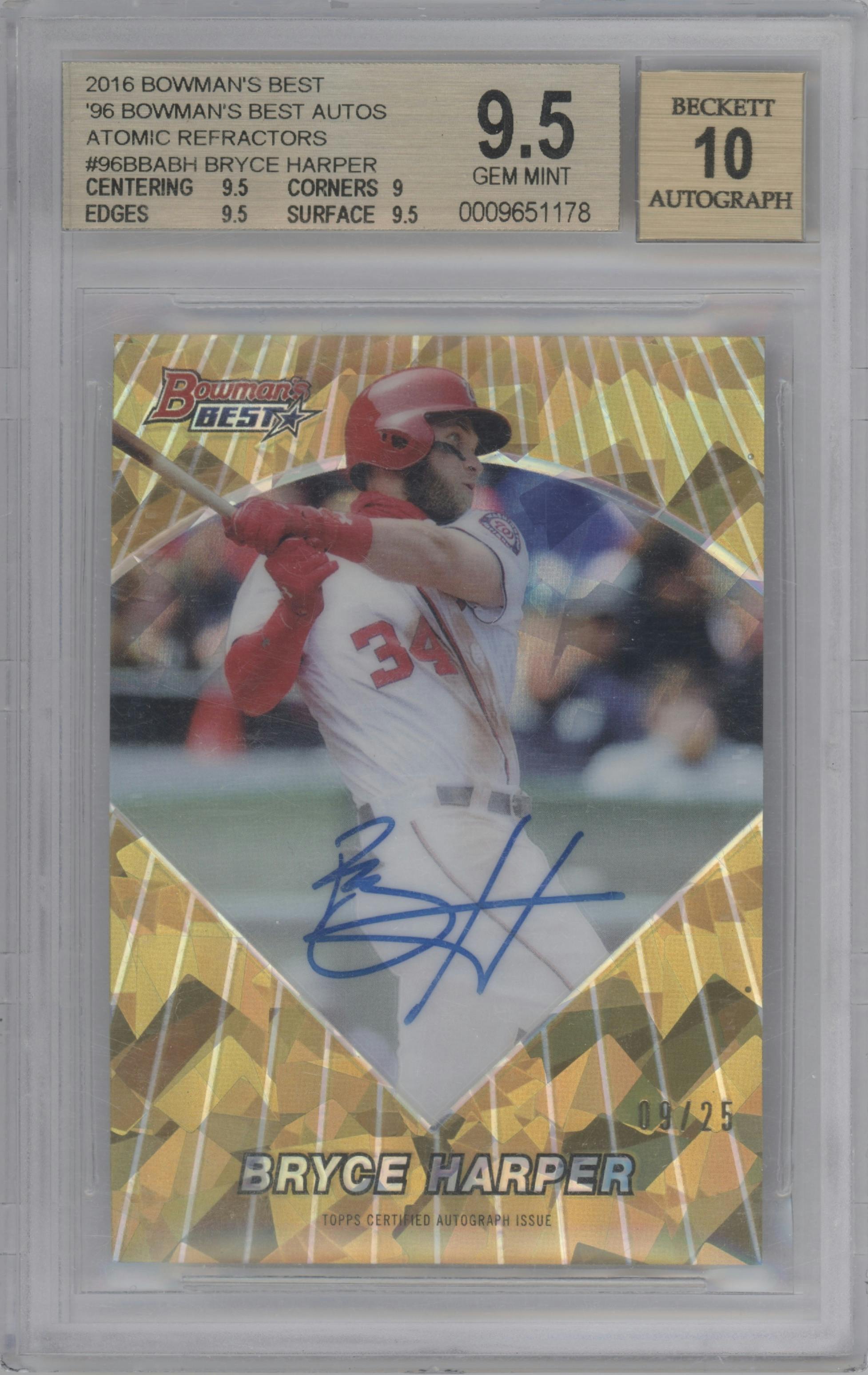 Bryce Harper from the 2016 Bowman’s Best set featuring a Atomic Refractor parallel graded by Beckett and given an overall grade of 9.5.