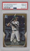 Jacob Wilson from the 2023 Bowman Draft set featuring a Gold Refractor parallel graded by PSA and given an overall grade of 10.