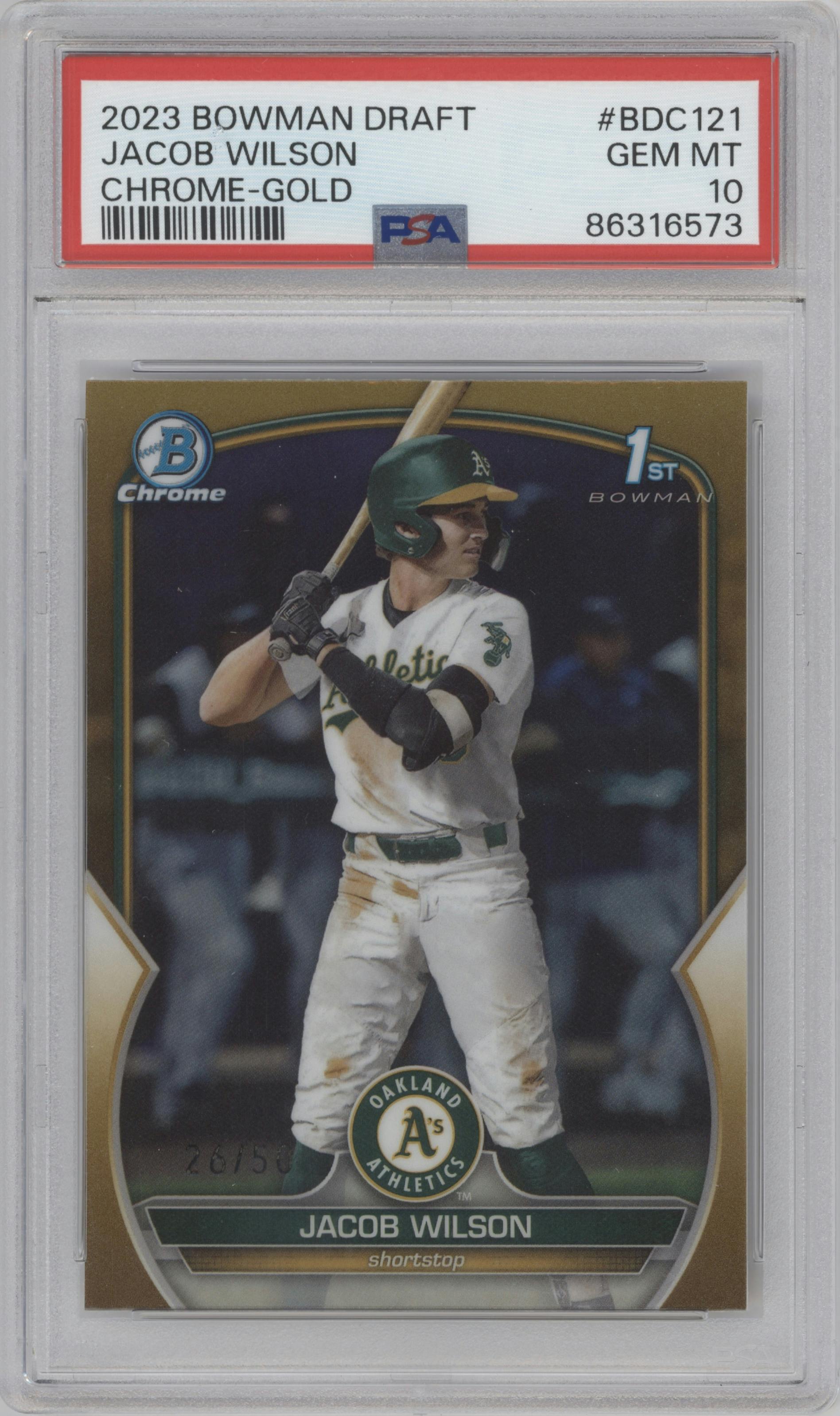 Jacob Wilson from the 2023 Bowman Draft set featuring a Gold Refractor parallel graded by PSA and given an overall grade of 10.