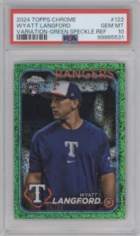 Wyatt Langford from the 2024 Topps Chrome set featuring a Green Speckle Refractors parallel graded by PSA and given an overall grade of 10.
