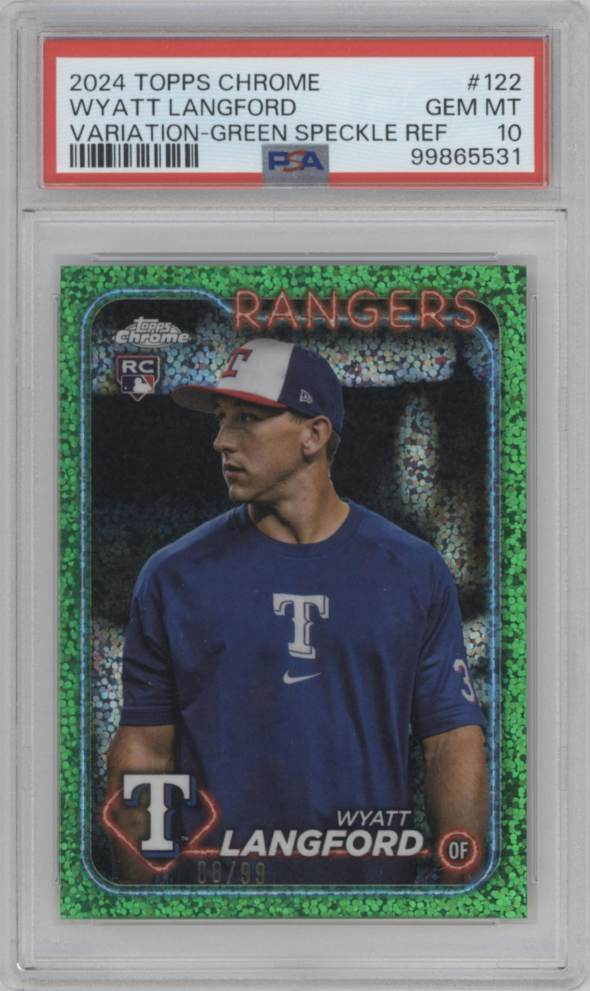 Wyatt Langford from the 2024 Topps Chrome set featuring a Green Speckle Refractors parallel graded by PSA and given an overall grade of 10.