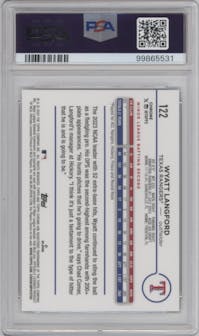 Wyatt Langford from the 2024 Topps Chrome set featuring a Green Speckle Refractors parallel graded by PSA and given an overall grade of 10.