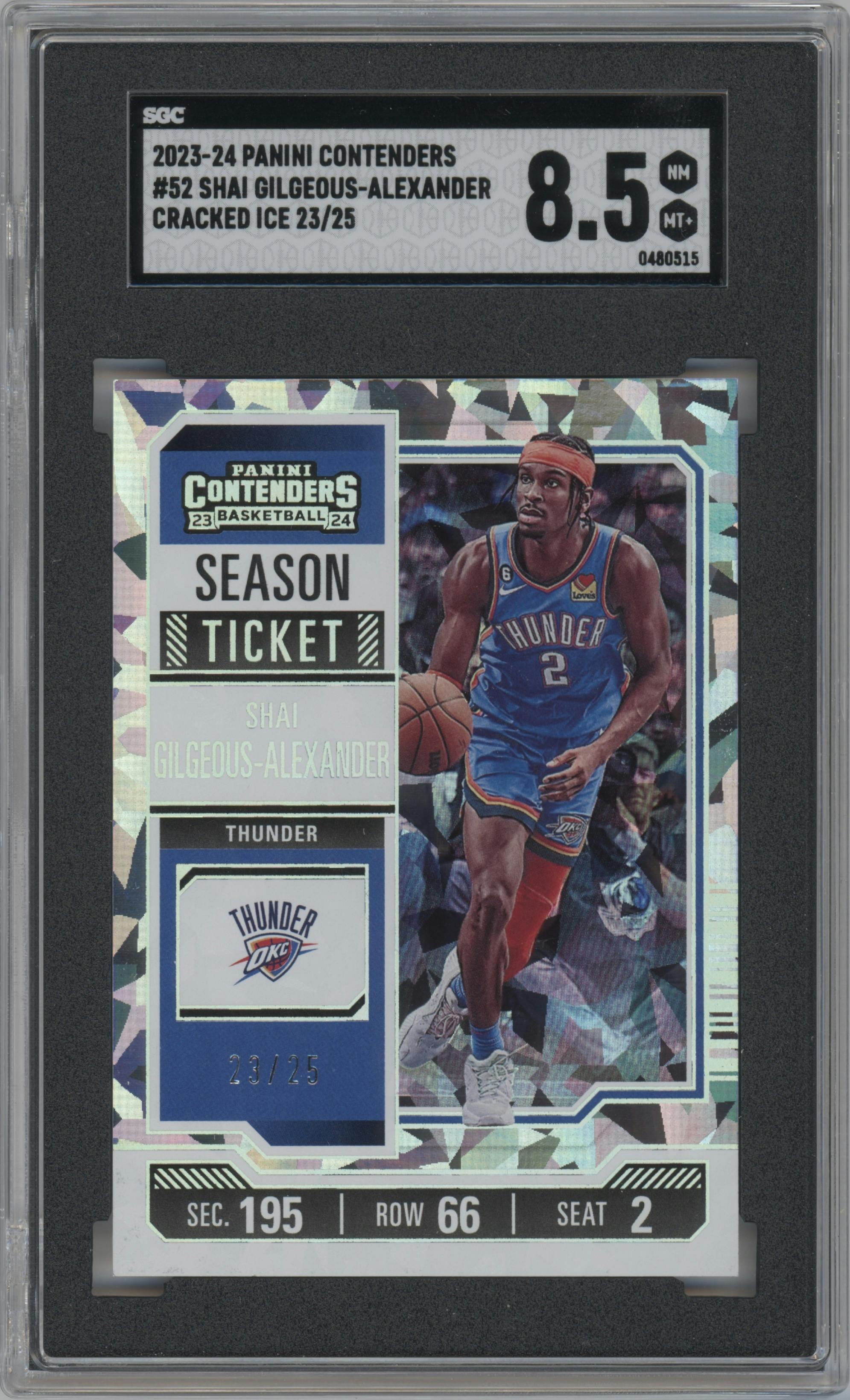 Shai Gilgeous-Alexander from the 2023-24 Panini Contenders set featuring a Cracked Ice parallel graded by SGC and given an overall grade of 8.5.
