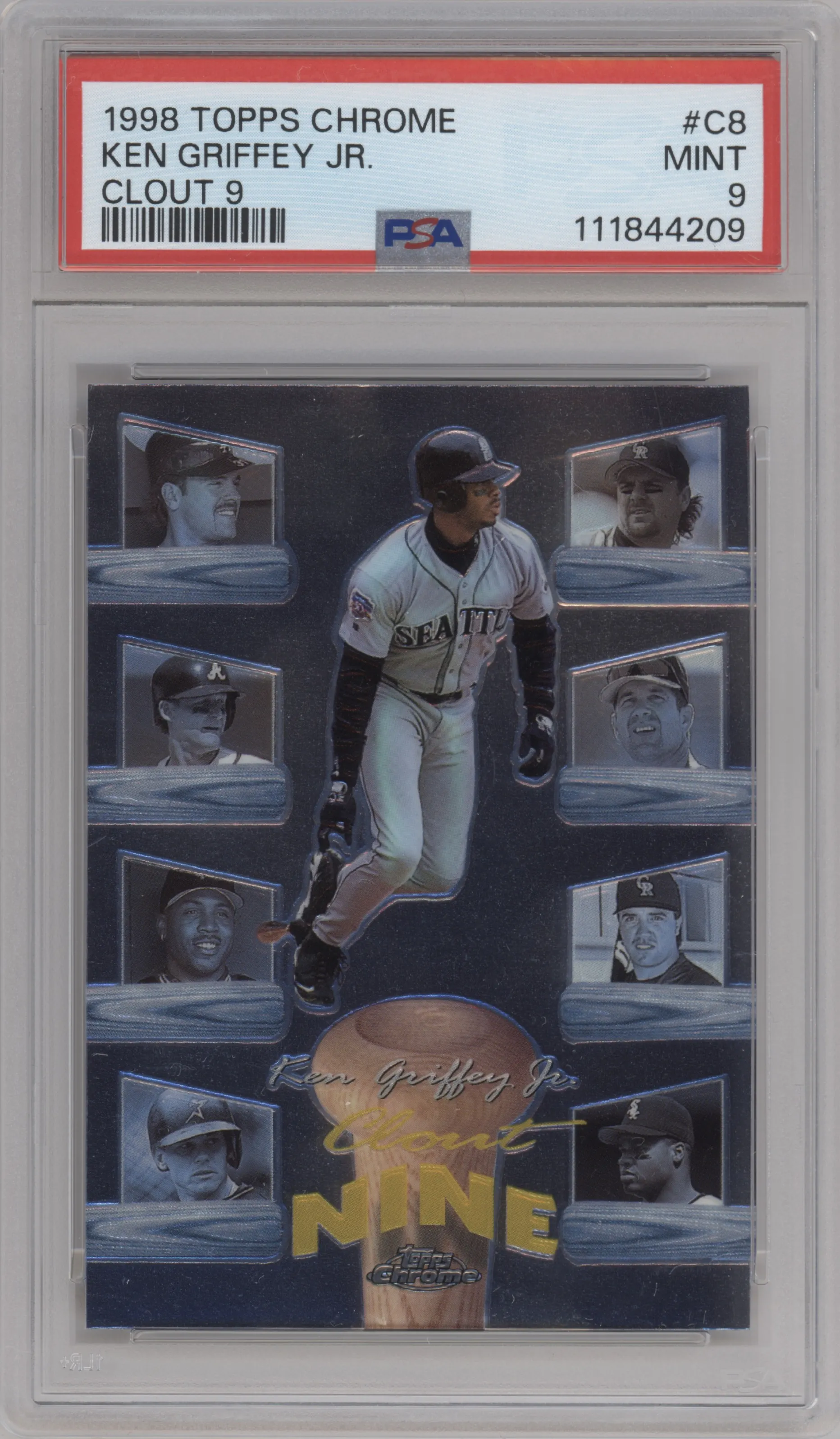 Ken Griffey Jr. from the 1998 Topps Chrome set graded by PSA and given an overall grade of 9.