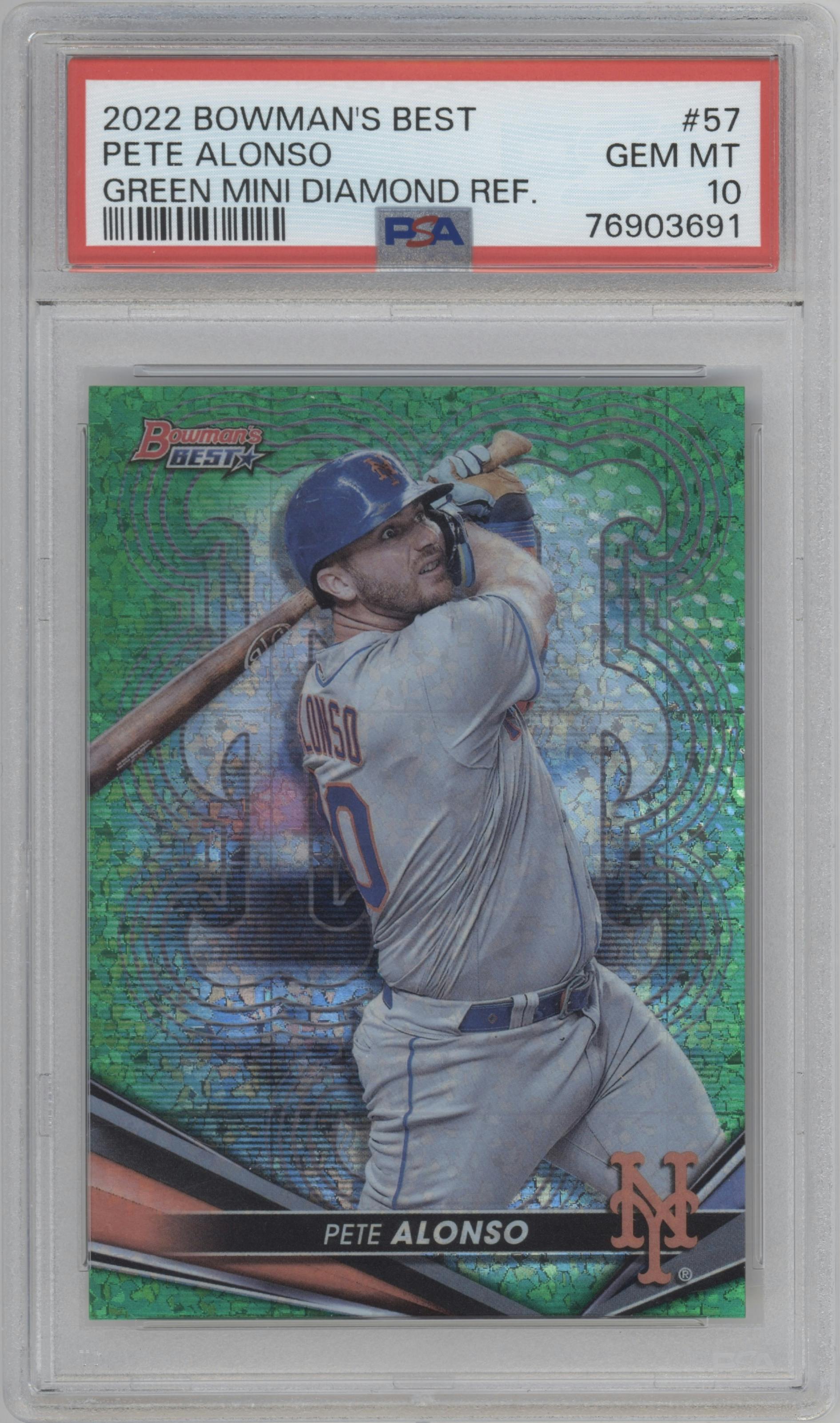 Pete Alonso from the 2022 Bowman’s Best   set featuring a Green Mini Diamond Refractor parallel graded by PSA and given an overall grade of 10.