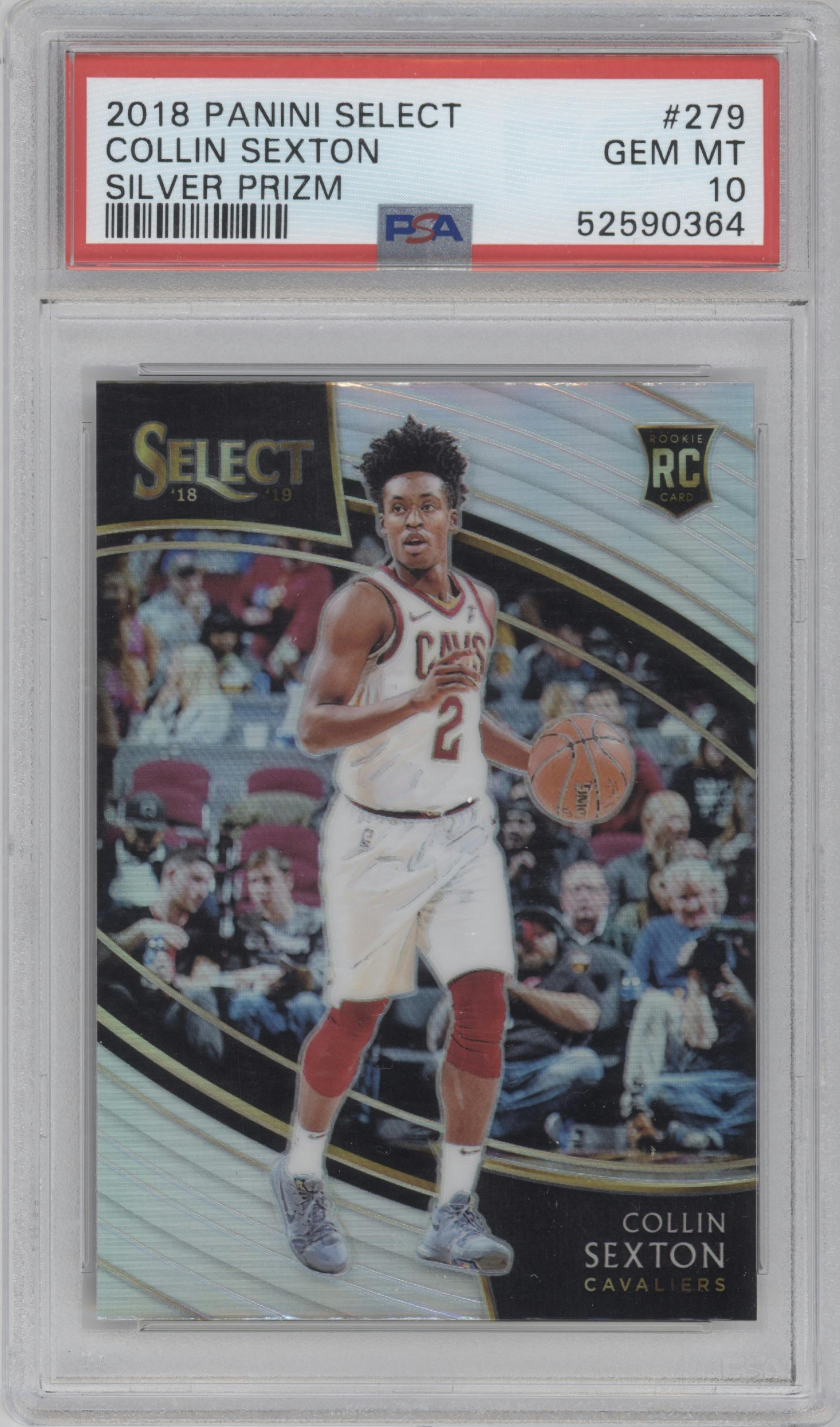 Collin Sexton from the 2018-19 Panini Select  set featuring a Silver Prizm parallel graded by PSA and given an overall grade of 10.