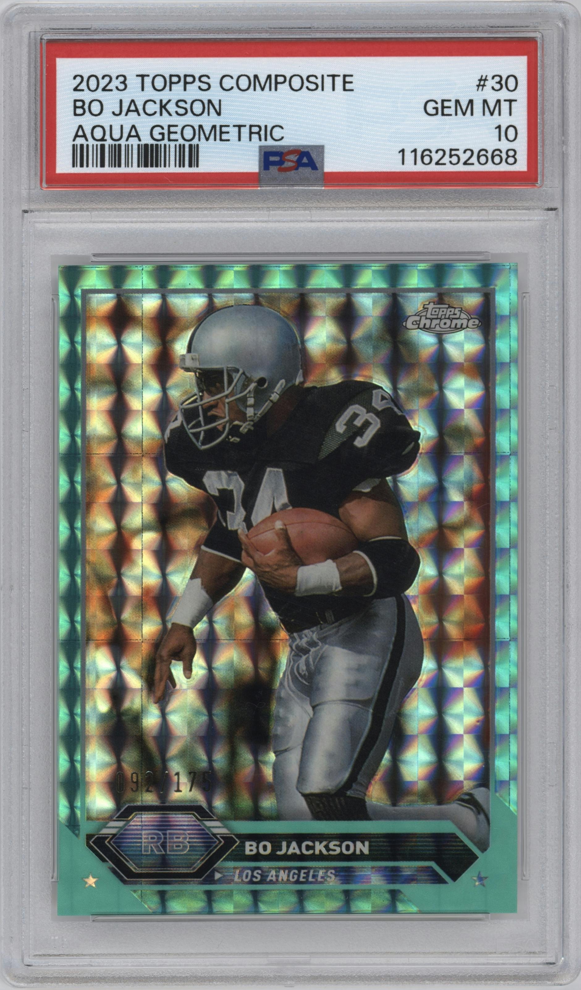 Bo Jackson from the 2023 Topps Composite set featuring a Aqua Geometric parallel graded by PSA and given an overall grade of 10.