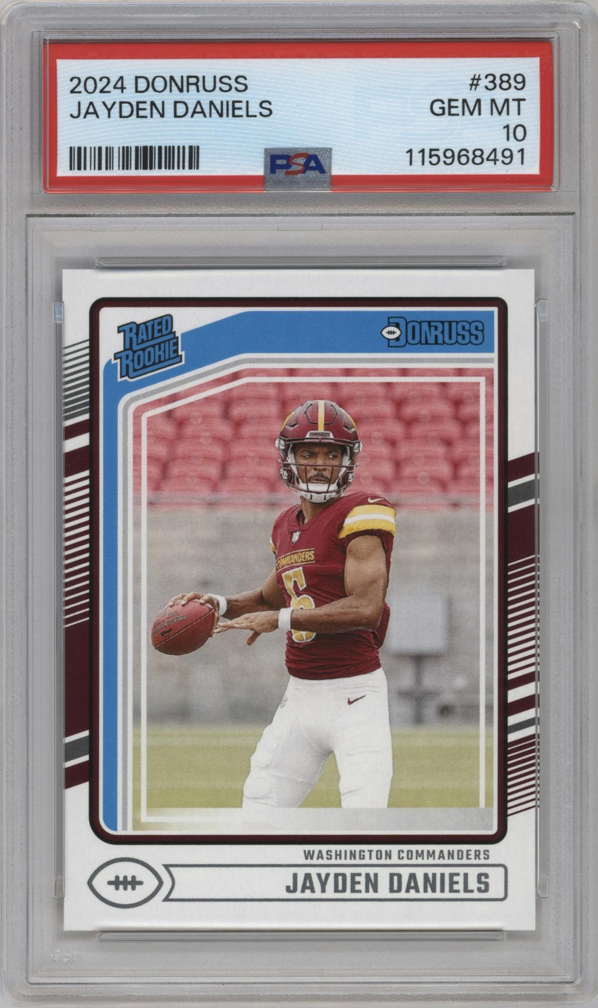 Jayden Daniels from the 2024 Donruss set graded by PSA and given an overall grade of 10.