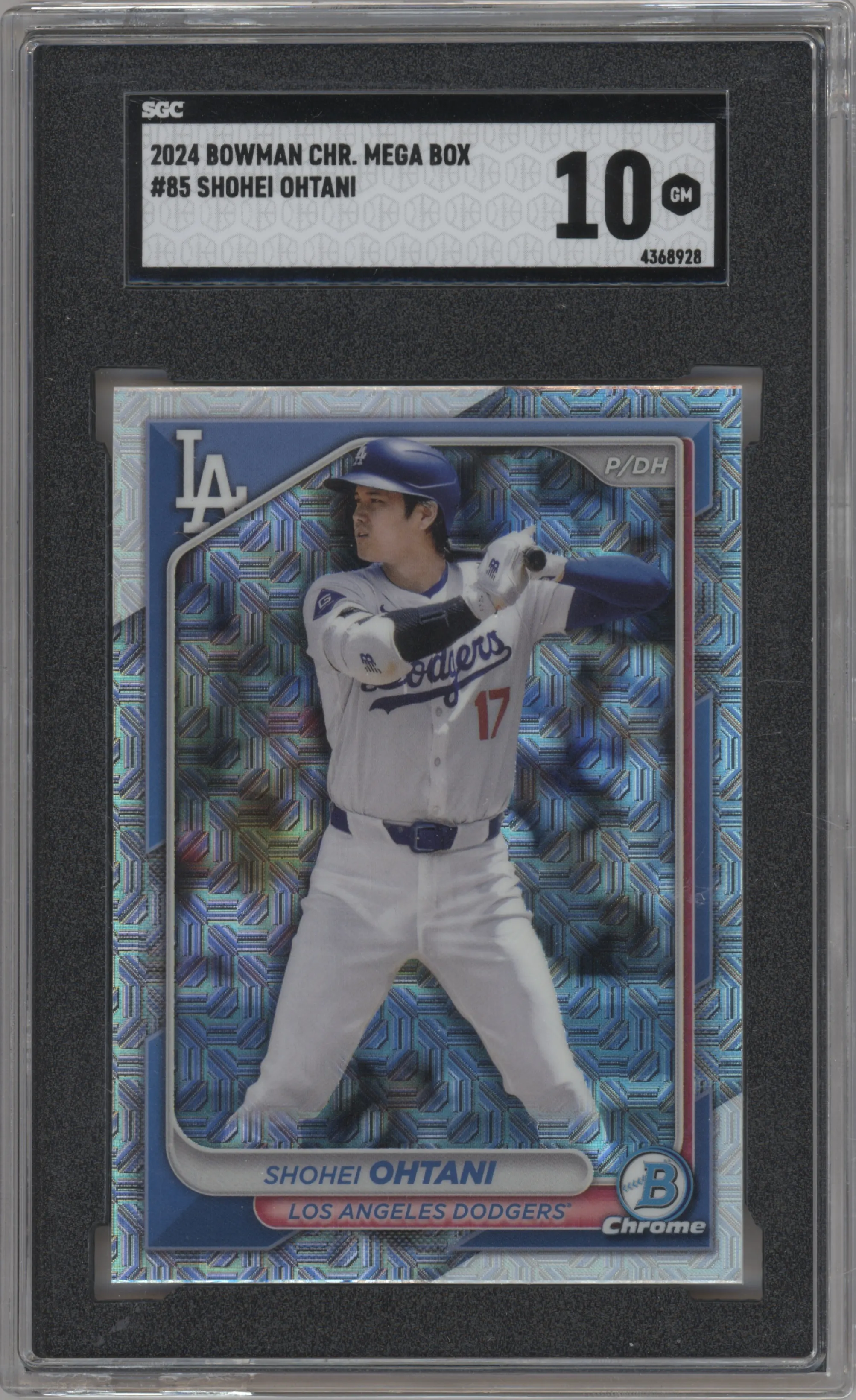 Shohei Ohtani from the 2024 Bowman Chrome Mega Box set graded by SGC and given an overall grade of 10.