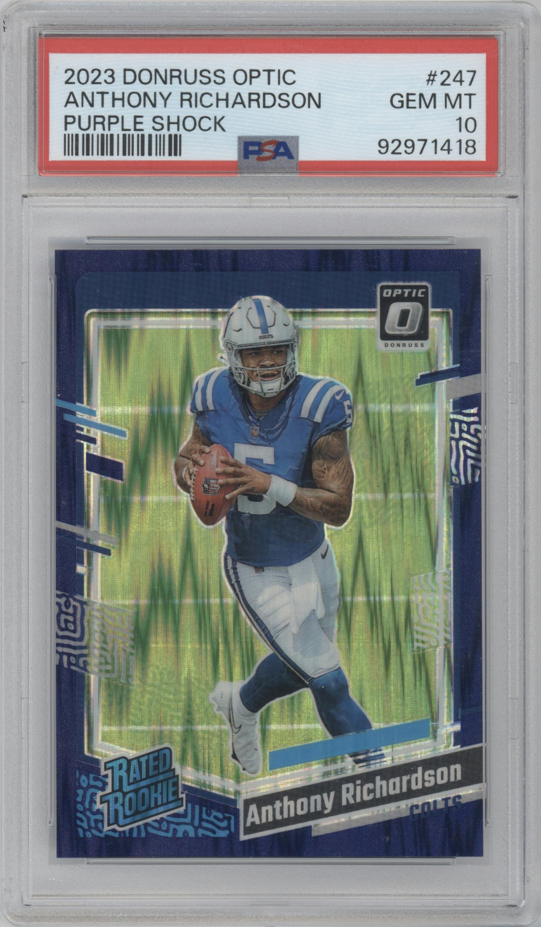 Anthony Richardson from the 2023 Donruss Optic set featuring a  Purple Shock parallel graded by PSA and given an overall grade of 10.