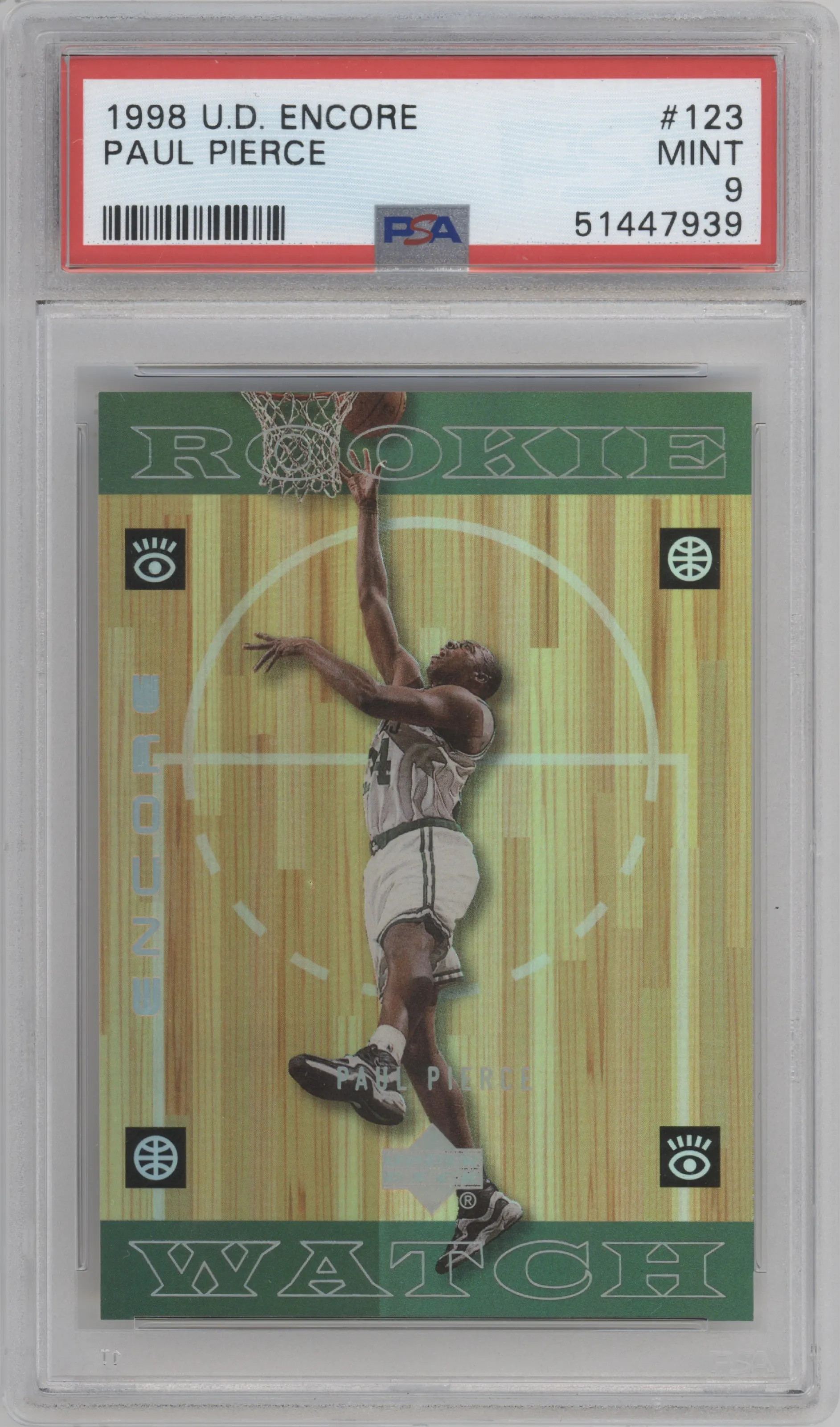 Paul Pierce from the 1998-99 Upper Deck Encore set graded by PSA and given an overall grade of 9.