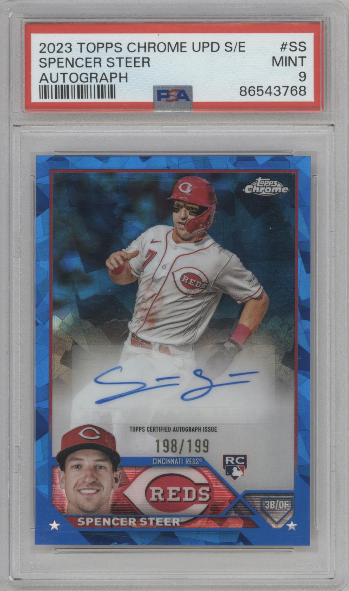 Spencer Steer from the 2023 Topps Chrome Update Series Sapphire Edition set graded by PSA and given an overall grade of 9.