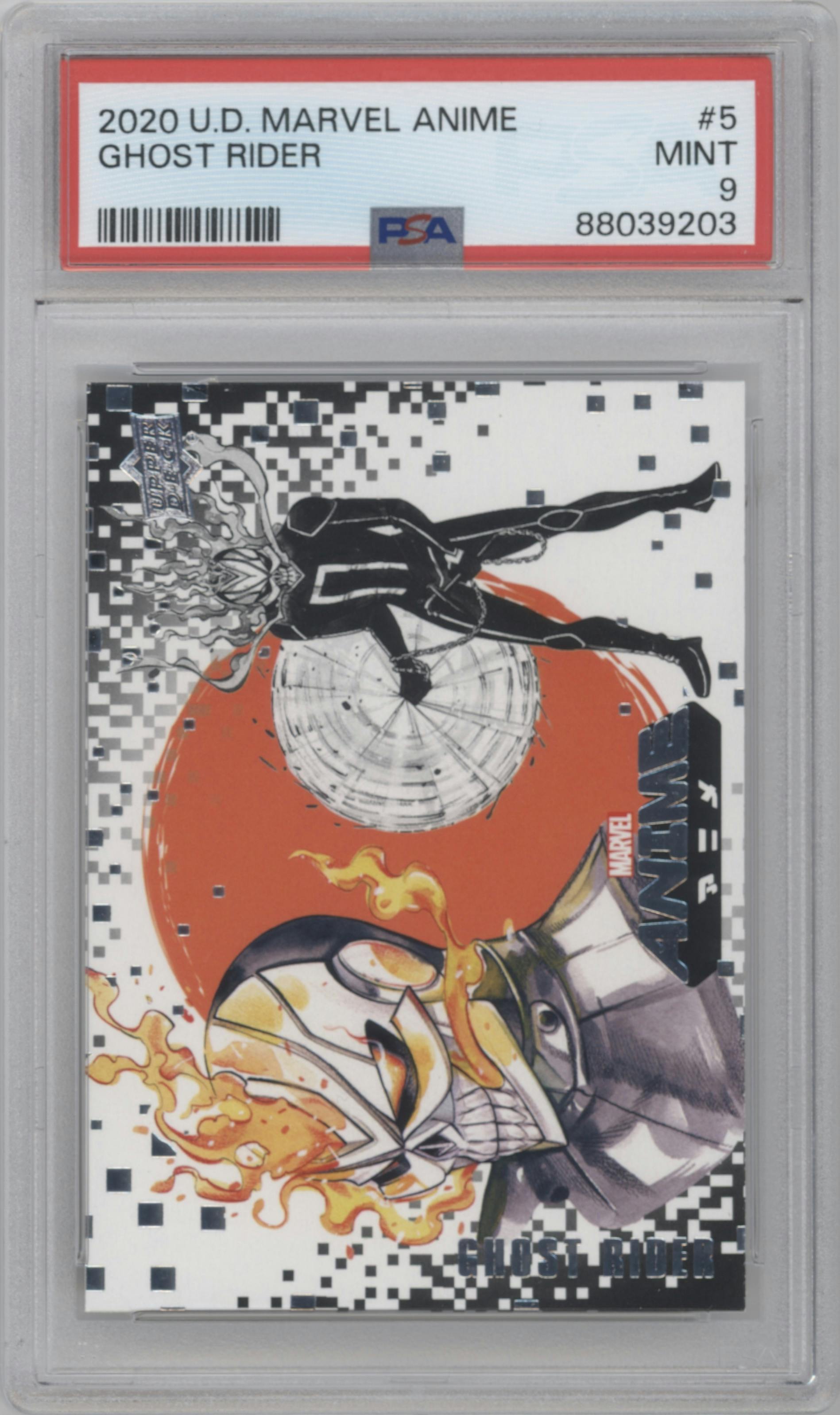 Ghost Rider from the 2020 Upper Deck Marvel Anime set graded by PSA and given an overall grade of 9.
