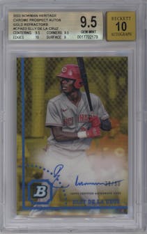 Elly De La Cruz from the 2022 Bowman Heritage set featuring a Gold Refractor parallel graded by Beckett and given an overall grade of 9.5.