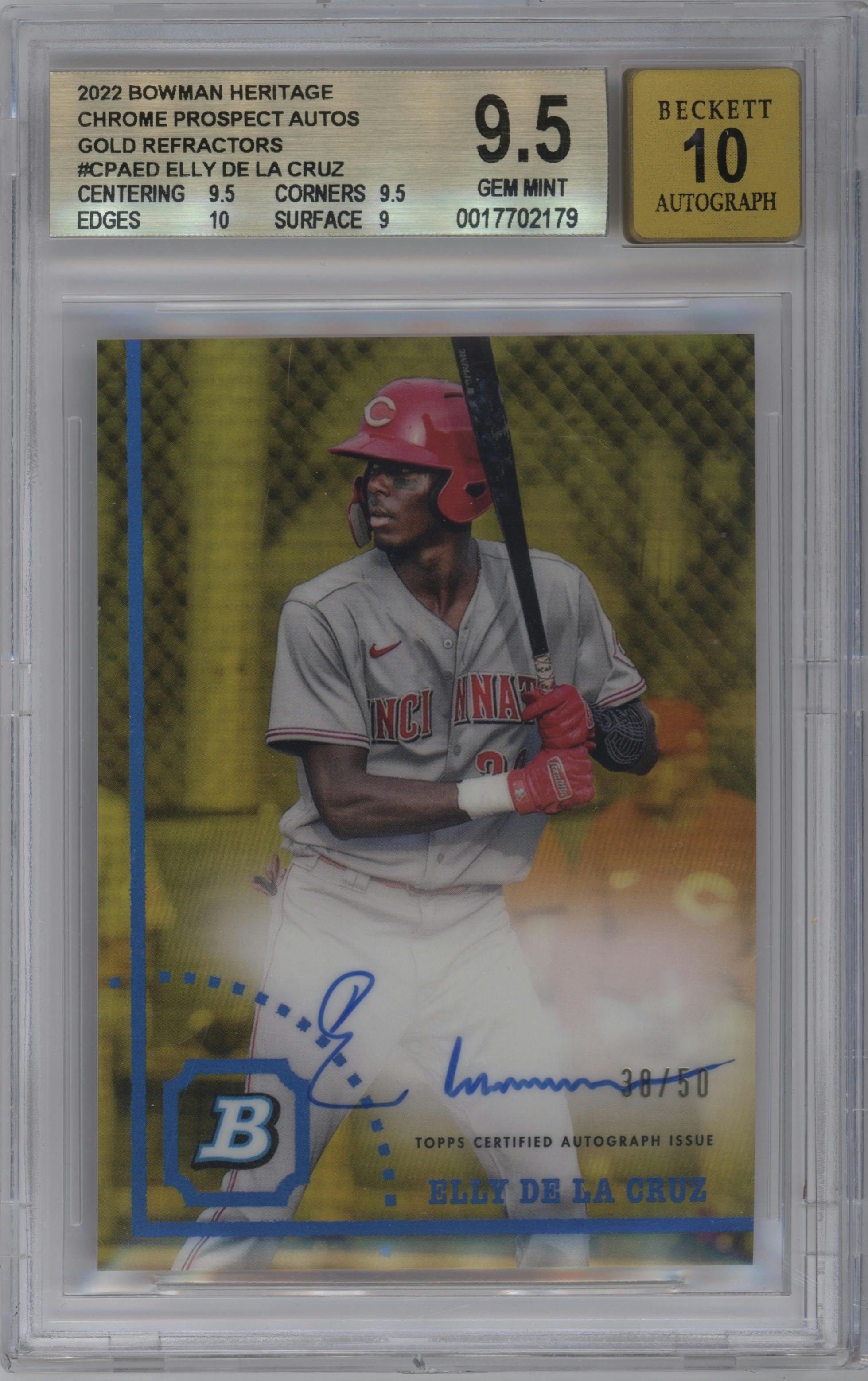 Elly De La Cruz from the 2022 Bowman Heritage set featuring a Gold Refractor parallel graded by Beckett and given an overall grade of 9.5.