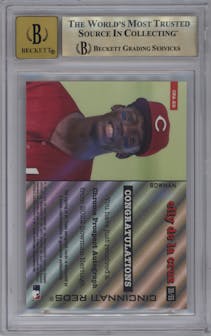 Elly De La Cruz from the 2022 Bowman Heritage set featuring a Gold Refractor parallel graded by Beckett and given an overall grade of 9.5.