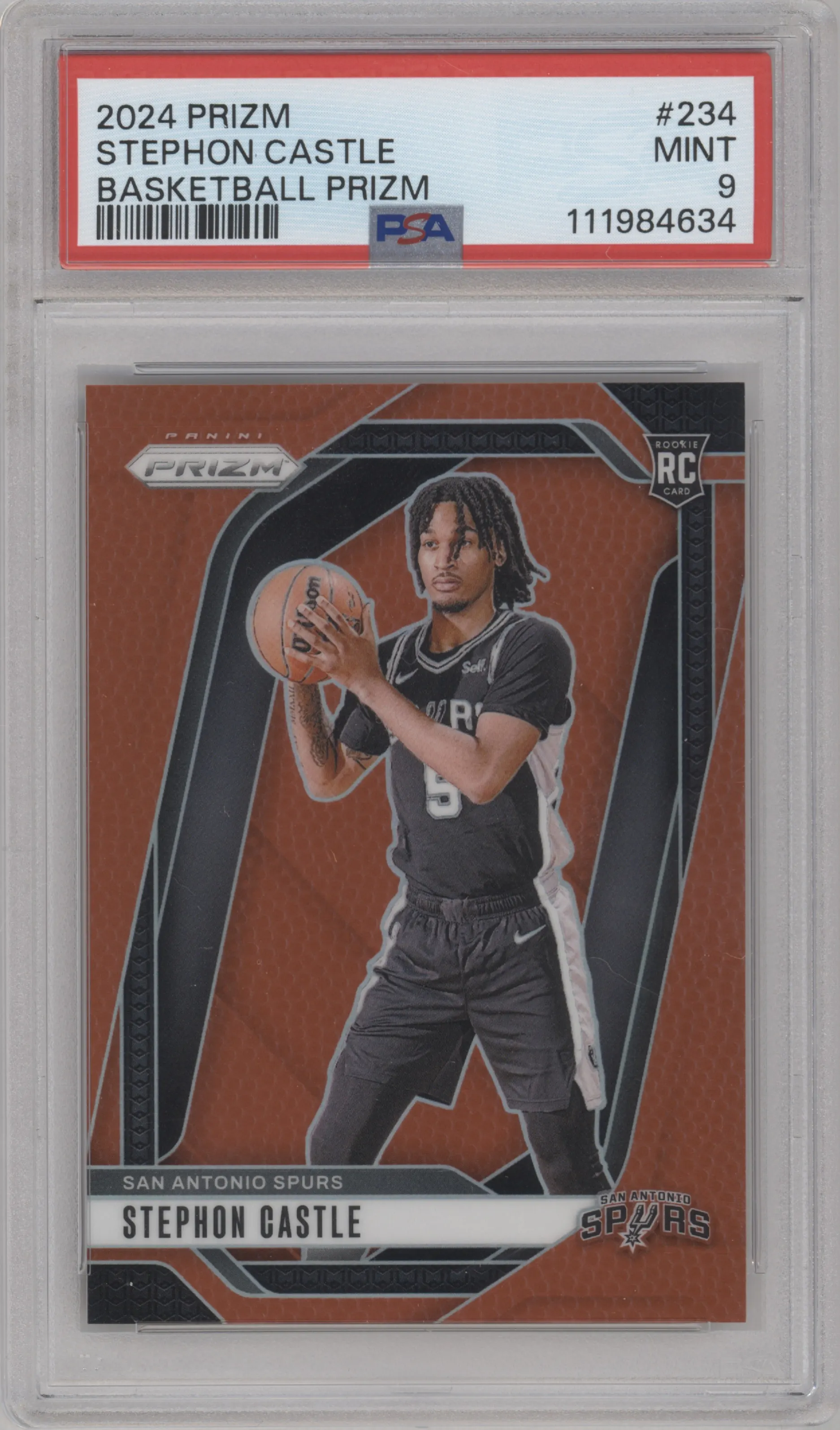 Stephon Castle from the 2024-25 Panini Prizm set featuring a Basketball Prizm parallel graded by PSA and given an overall grade of 9.