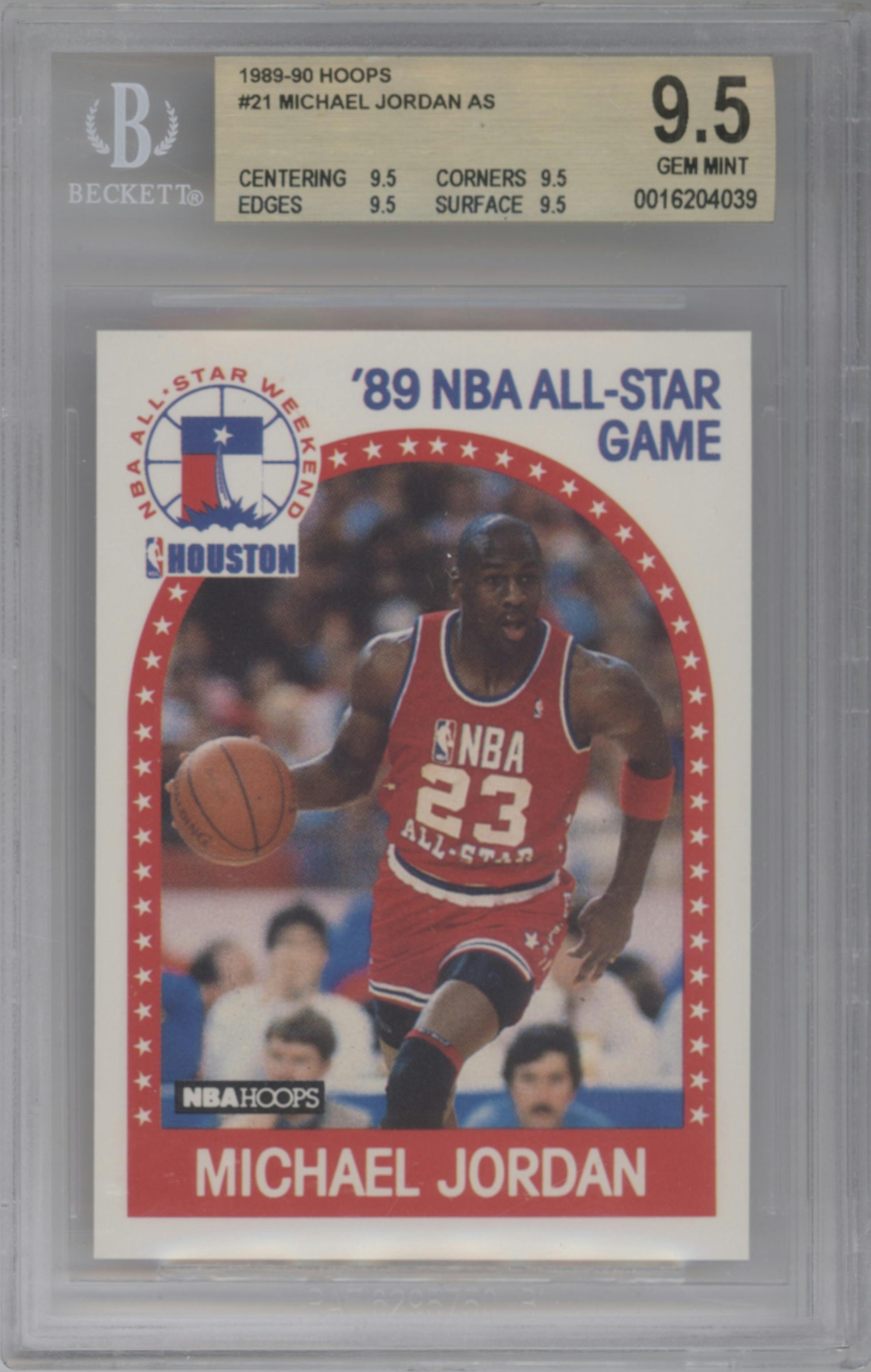 Michael Jordan from the 1989-90 NBA Hoops  set graded by Beckett and given an overall grade of 9.5.