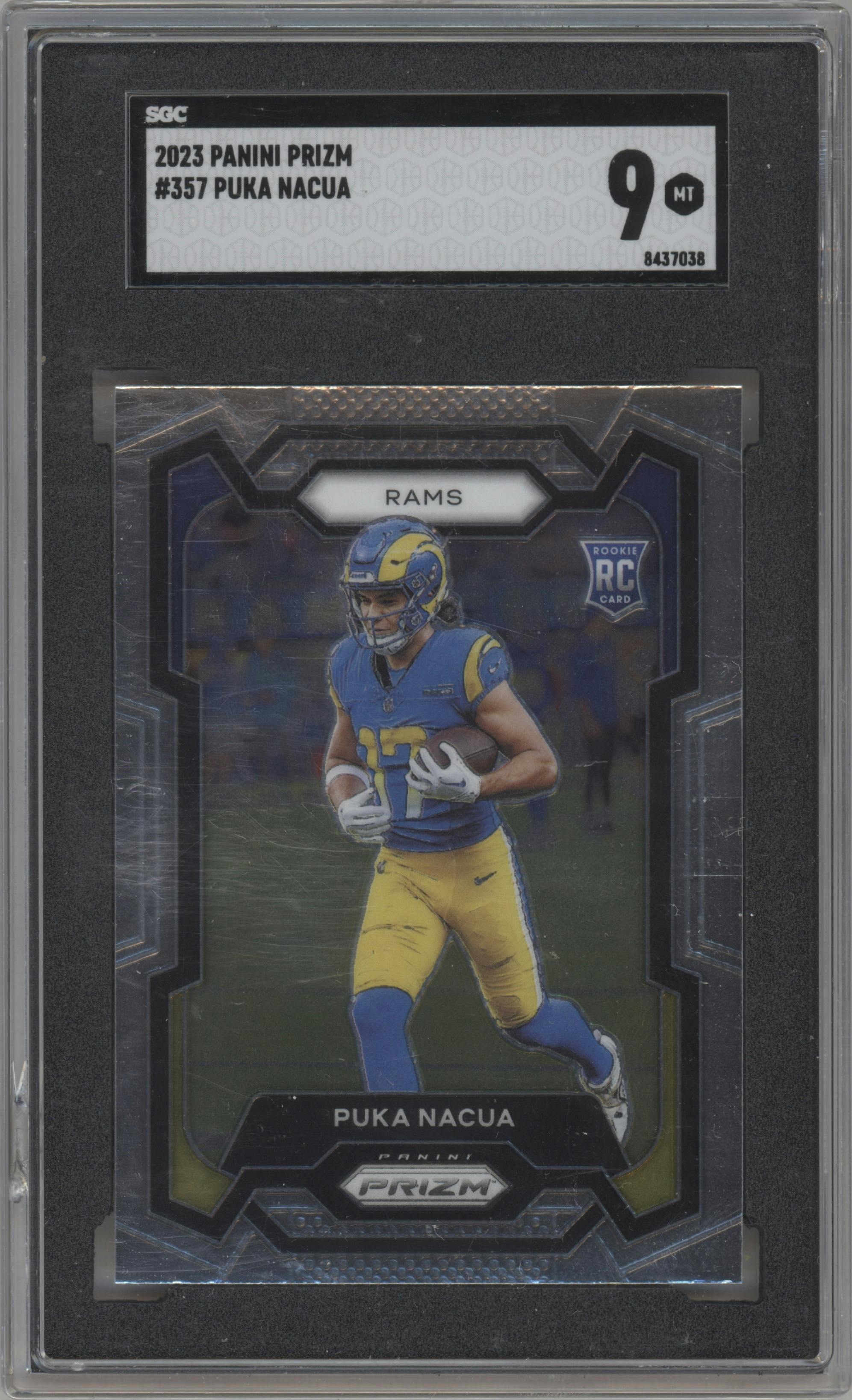Puka Nacua from the 2023 Panini Prizm set graded by SGC and given an overall grade of 9.