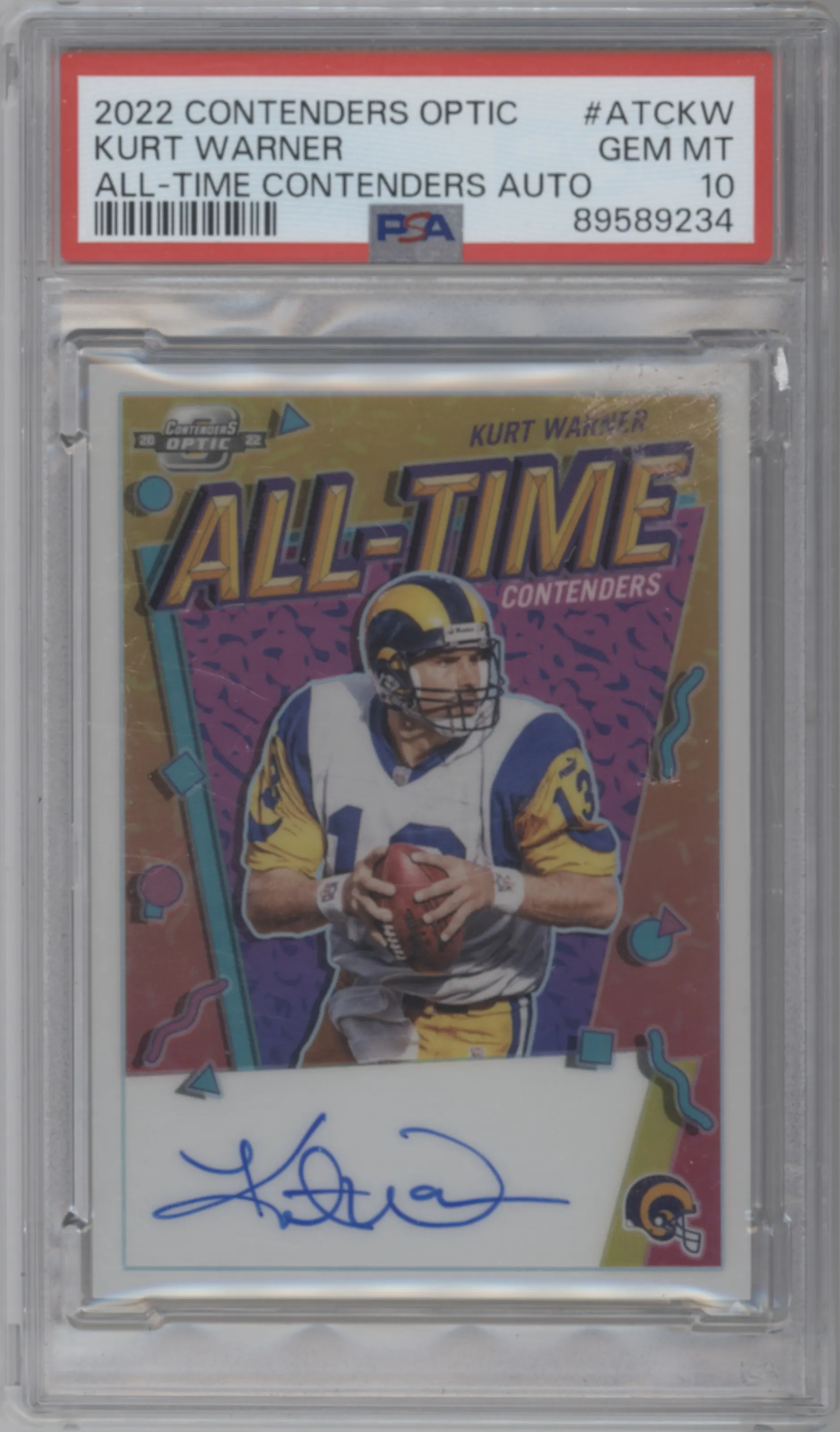 Kurt Warner from the 2022 Panini Contenders Optic set graded by PSA and given an overall grade of 10.