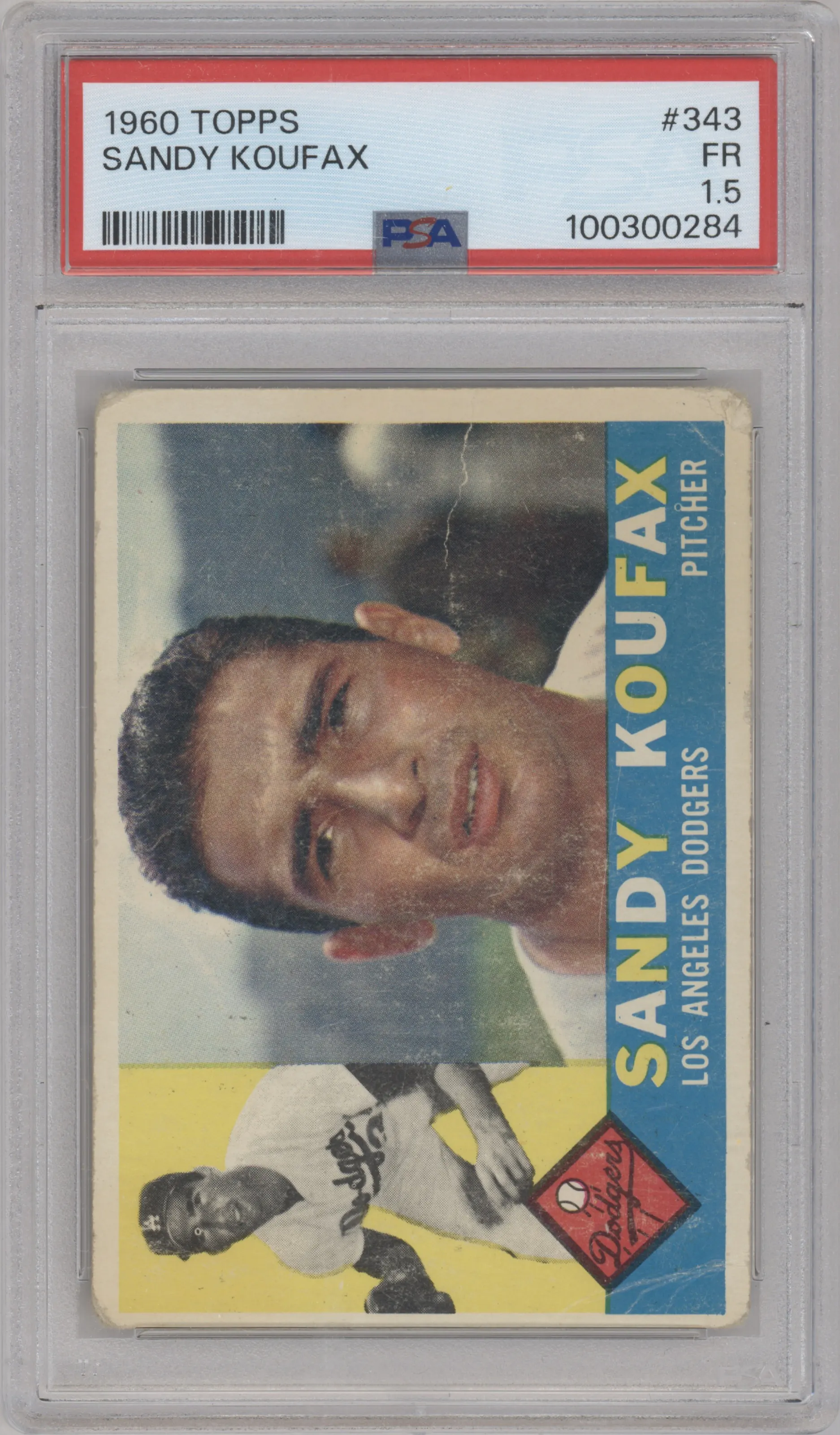 Sandy Koufax from the 1960 Topps set graded by PSA and given an overall grade of 1.5.