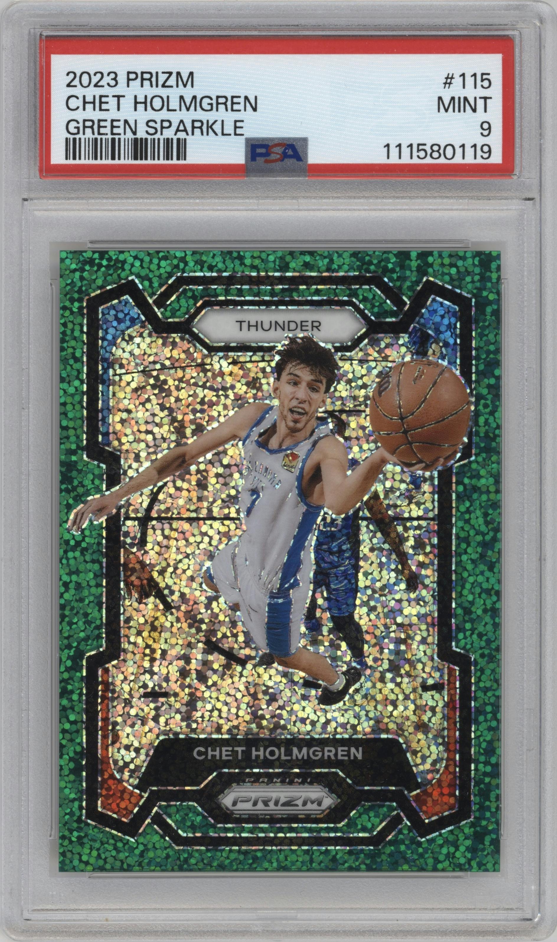Chet Holmgren from the 2023-24 Panini Prizm set featuring a Green Sparkle parallel graded by PSA and given an overall grade of 9.