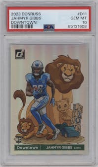 Jahmyr Gibbs from the 2023 Panini Donruss set graded by PSA and given an overall grade of 10.