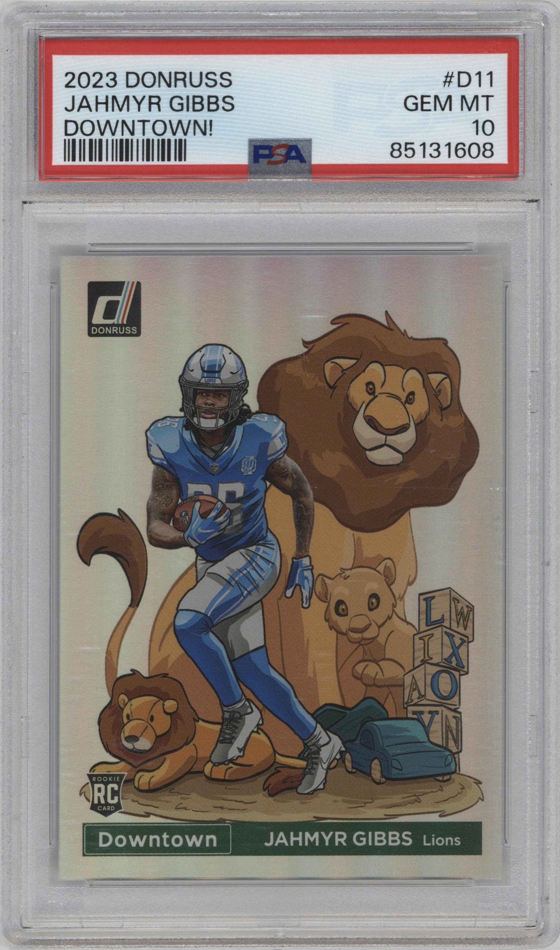 Jahmyr Gibbs from the 2023 Panini Donruss set graded by PSA and given an overall grade of 10.