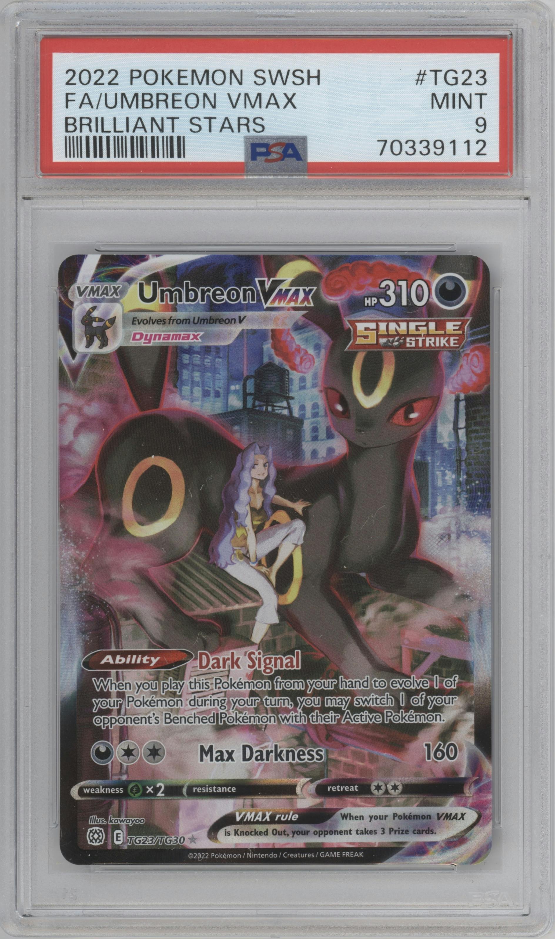 Umbreon VMAX from the 2022 Pokemon SWSH set graded by PSA and given an overall grade of 9.