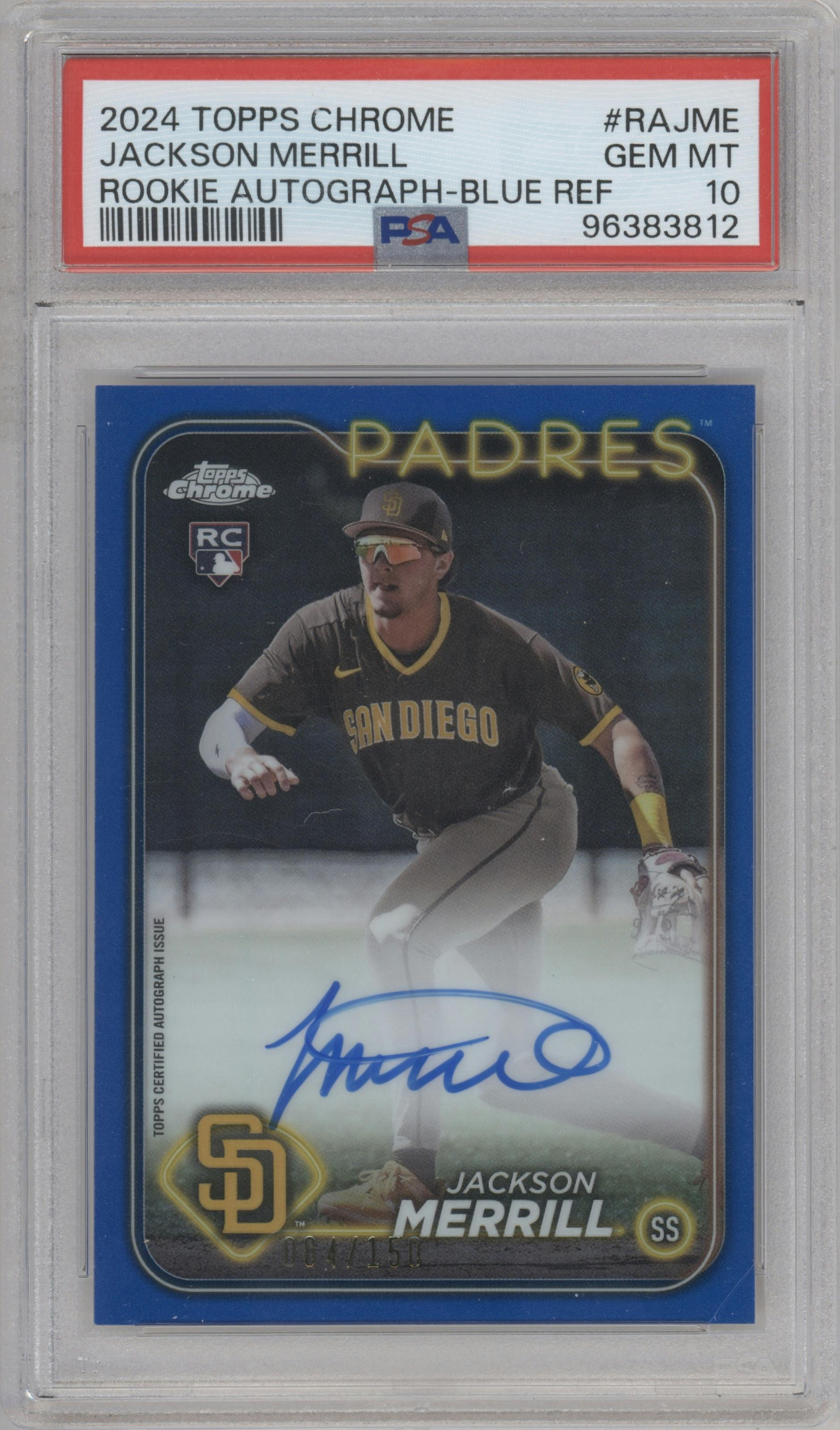 Jackson Merrill from the 2024 Topps Chrome set featuring a Blue Refractor parallel graded by PSA and given an overall grade of 10.