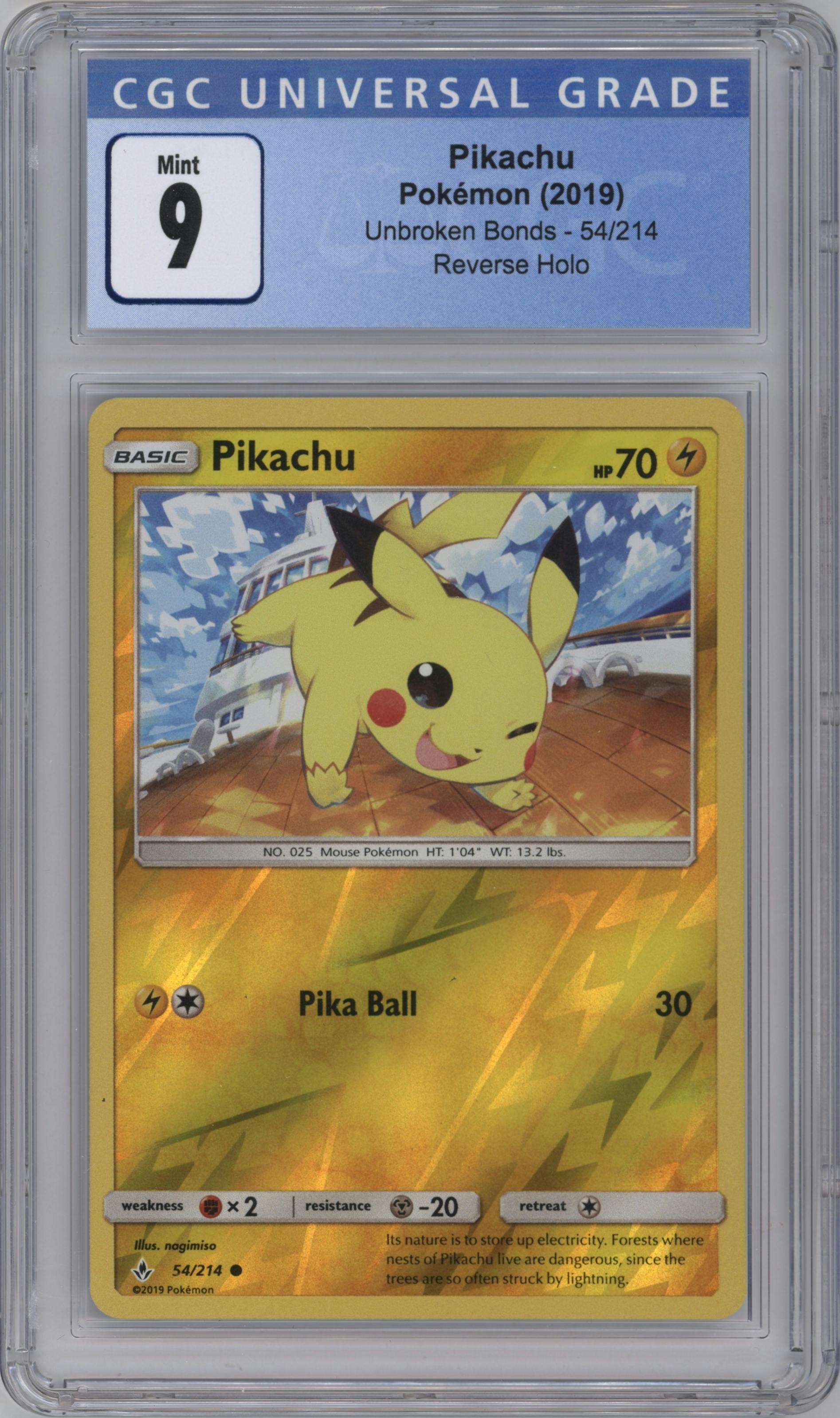 Pikachu from the 2019 Pokemon S&M  set graded by CSG and given an overall grade of 9.
