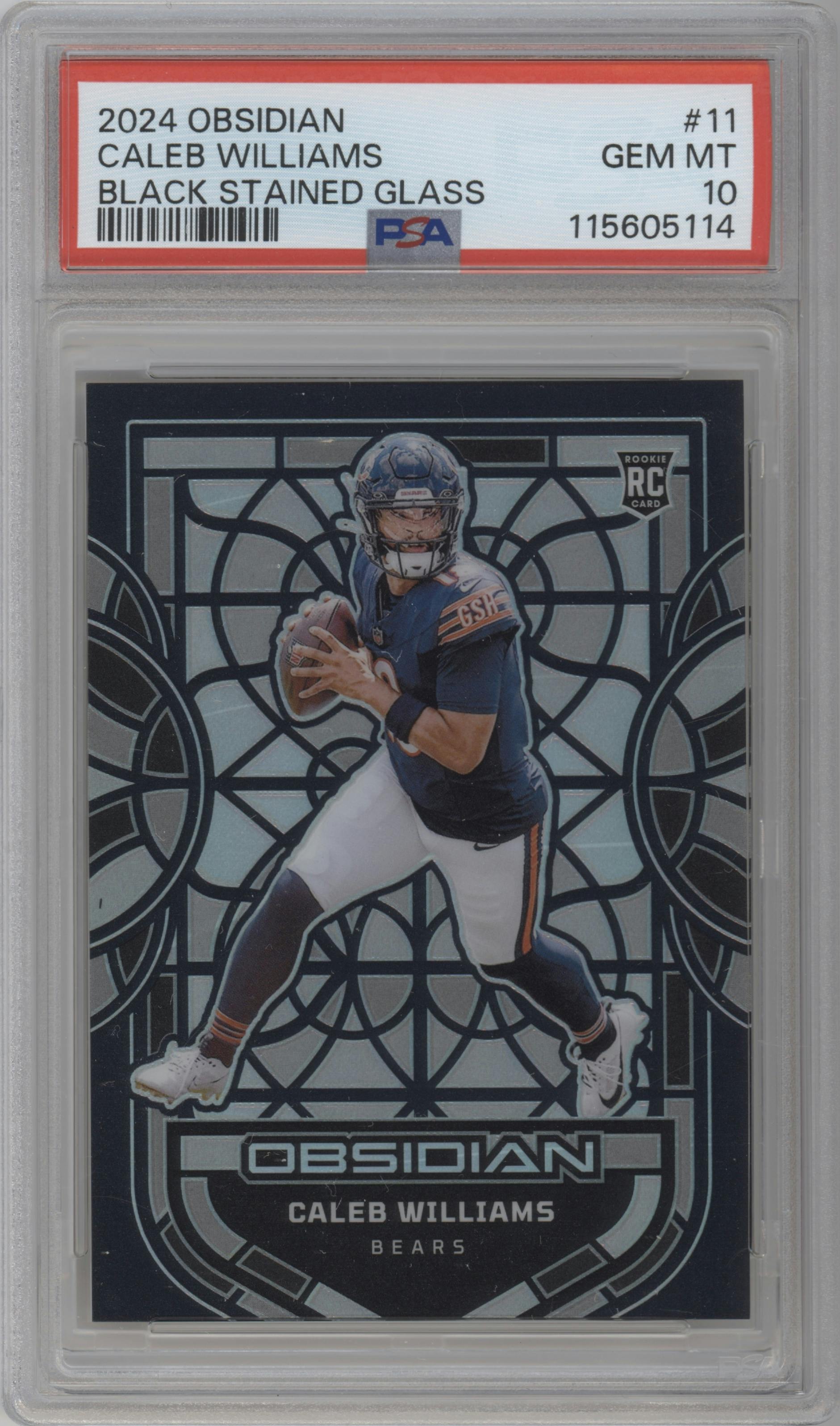 Caleb Williams from the 2024 Panini Obsidian set graded by PSA and given an overall grade of 10.