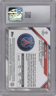 Lionel Messi from the 2021-22 Topps Chrome UEFA Champions League set graded by CSG and given an overall grade of 10.