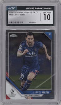 Lionel Messi from the 2021-22 Topps Chrome UEFA Champions League set graded by CSG and given an overall grade of 10.