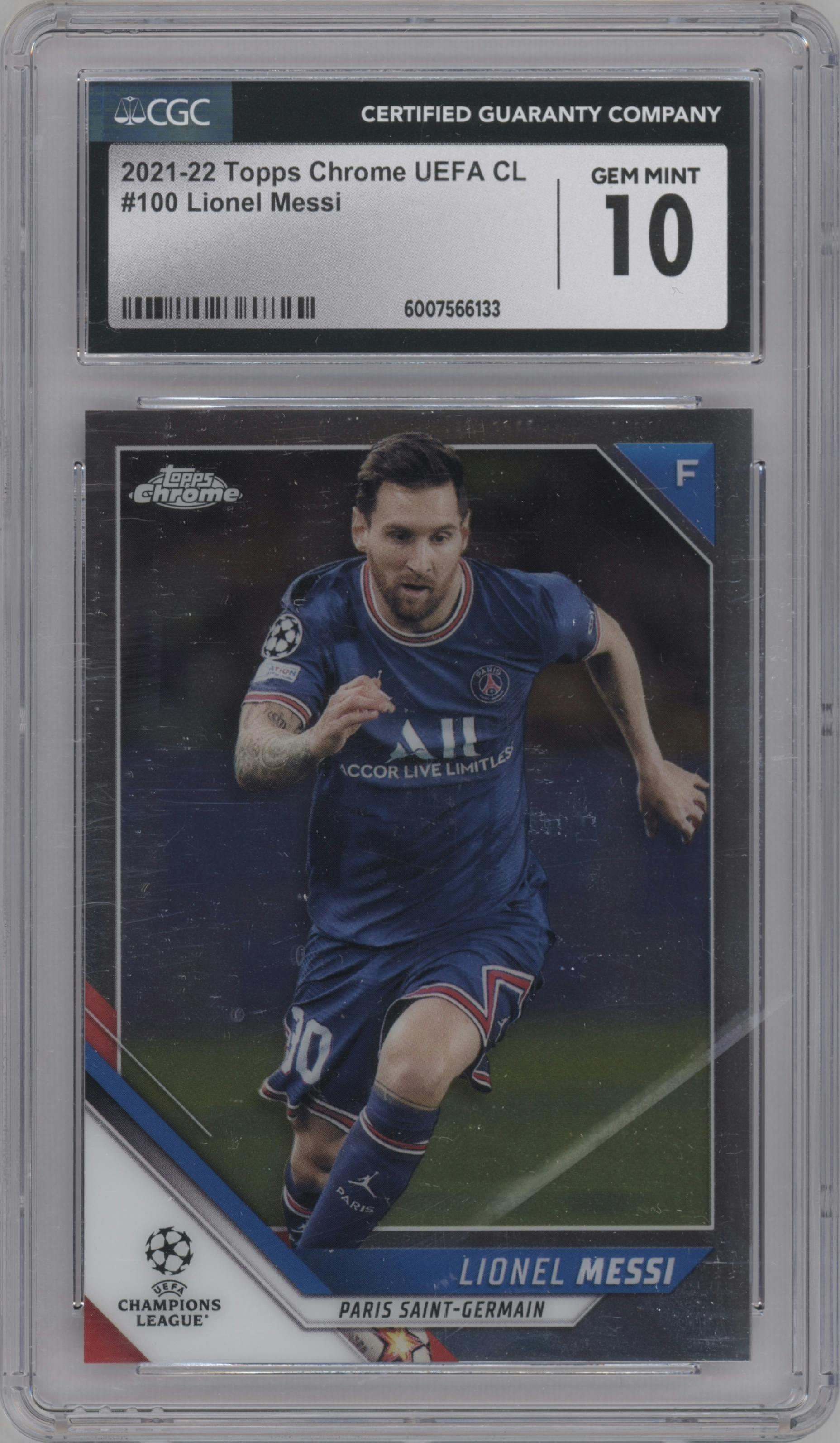 Lionel Messi from the 2021-22 Topps Chrome UEFA Champions League set graded by CSG and given an overall grade of 10.
