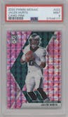 Jalen Hurts from the 2020 Panini Mosaic set featuring a Pink Camo parallel graded by PSA and given an overall grade of 9.