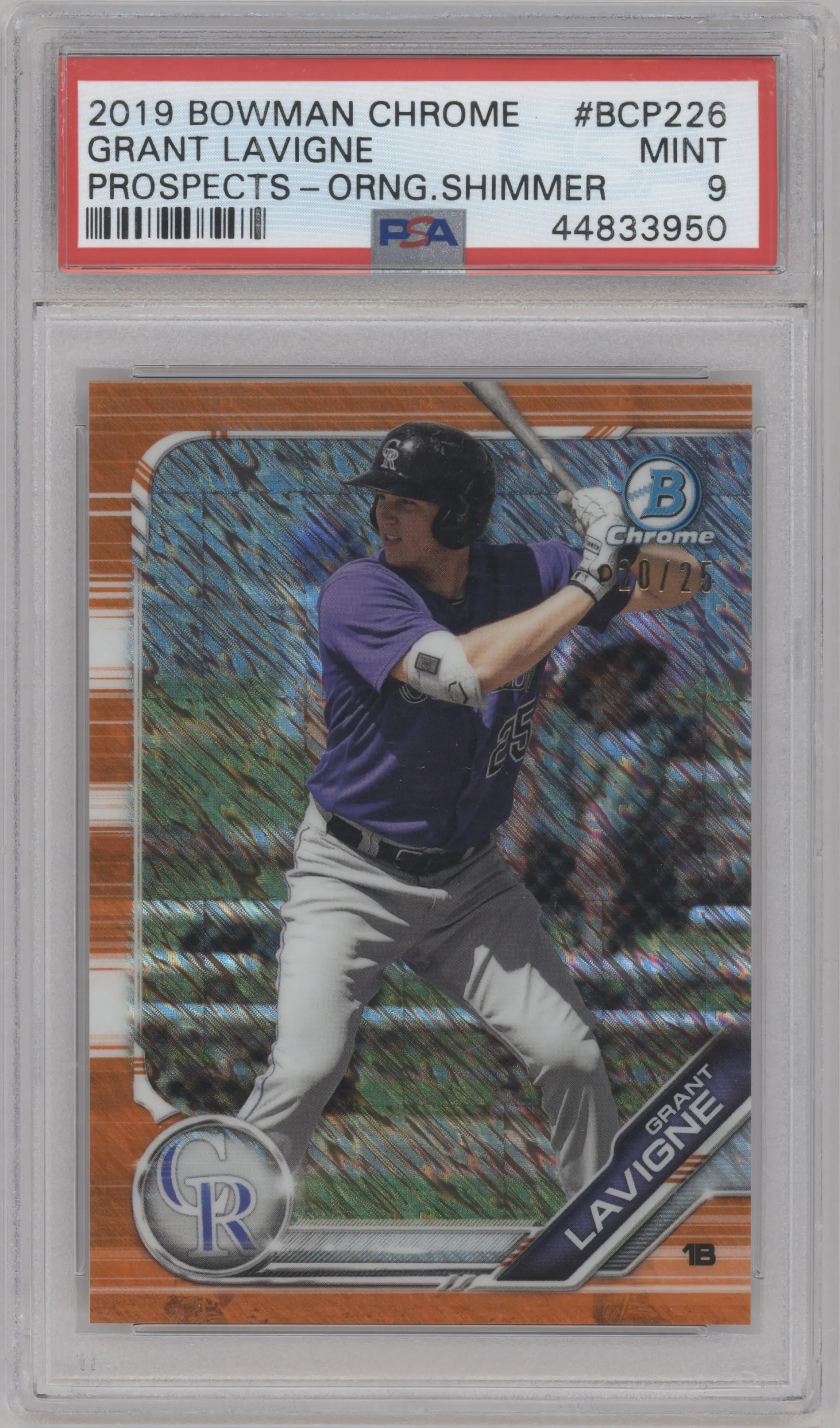 Grant Lavigne from the 2019 Bowman Chrome set featuring a Orange Shimmer parallel graded by PSA and given an overall grade of 9.