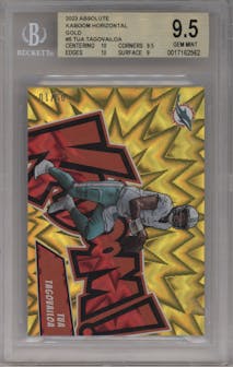 Tua Tagovailoa from the 2023 Panini Absolute set featuring a Gold parallel graded by Beckett and given an overall grade of 9.5.