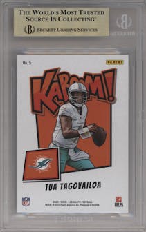 Tua Tagovailoa from the 2023 Panini Absolute set featuring a Gold parallel graded by Beckett and given an overall grade of 9.5.