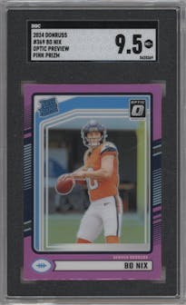 Bo Nix from the 2024 Donruss set featuring a Pink parallel graded by SGC and given an overall grade of 9.5.