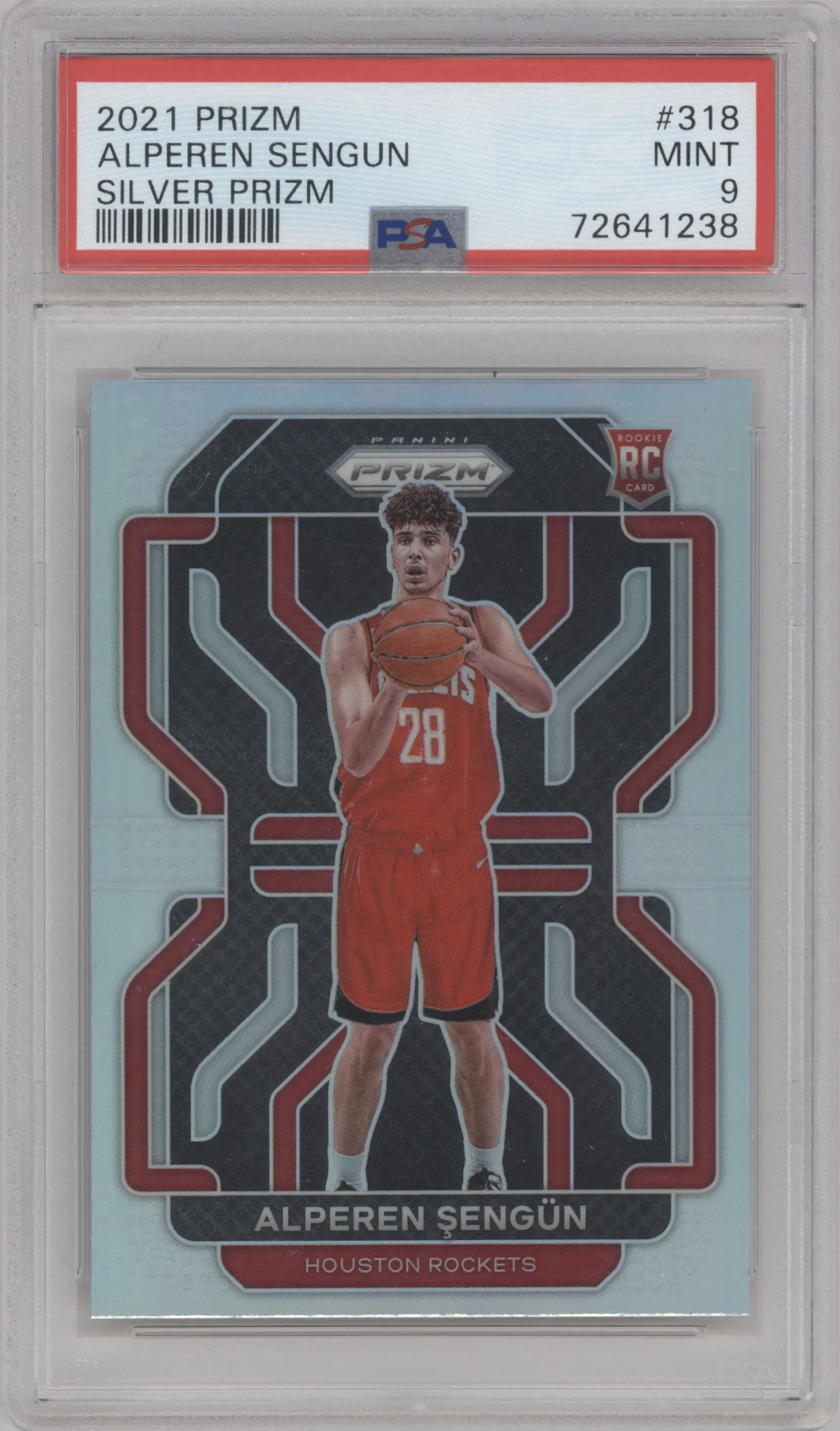 Alperen Sengun from the 2021-22 Panini Prizm  set featuring a Silver Prizm parallel graded by PSA and given an overall grade of 9.