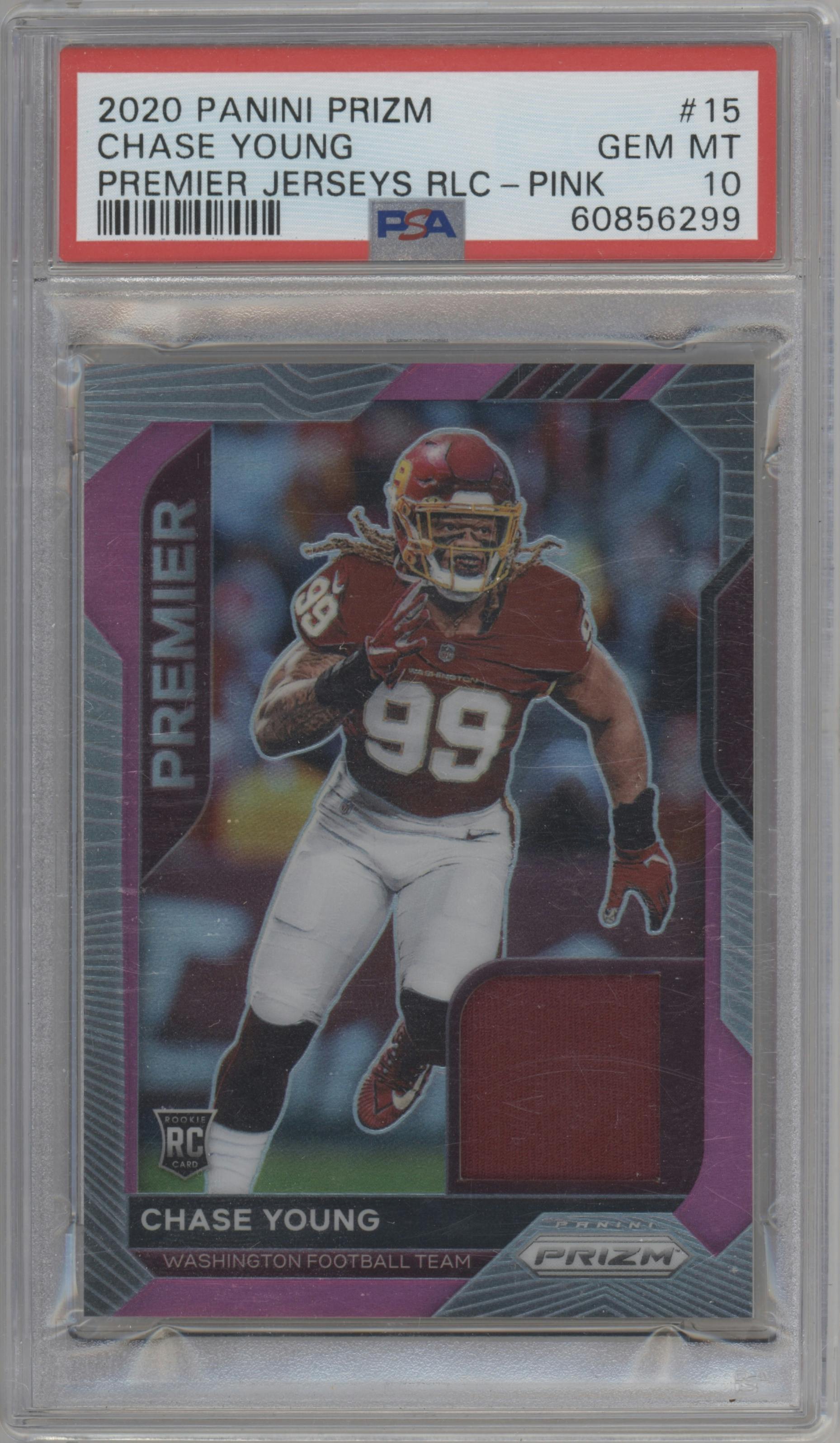 Chase Young from the 2020 Panini Prizm set featuring a Pink Prizm parallel graded by PSA and given an overall grade of 10.